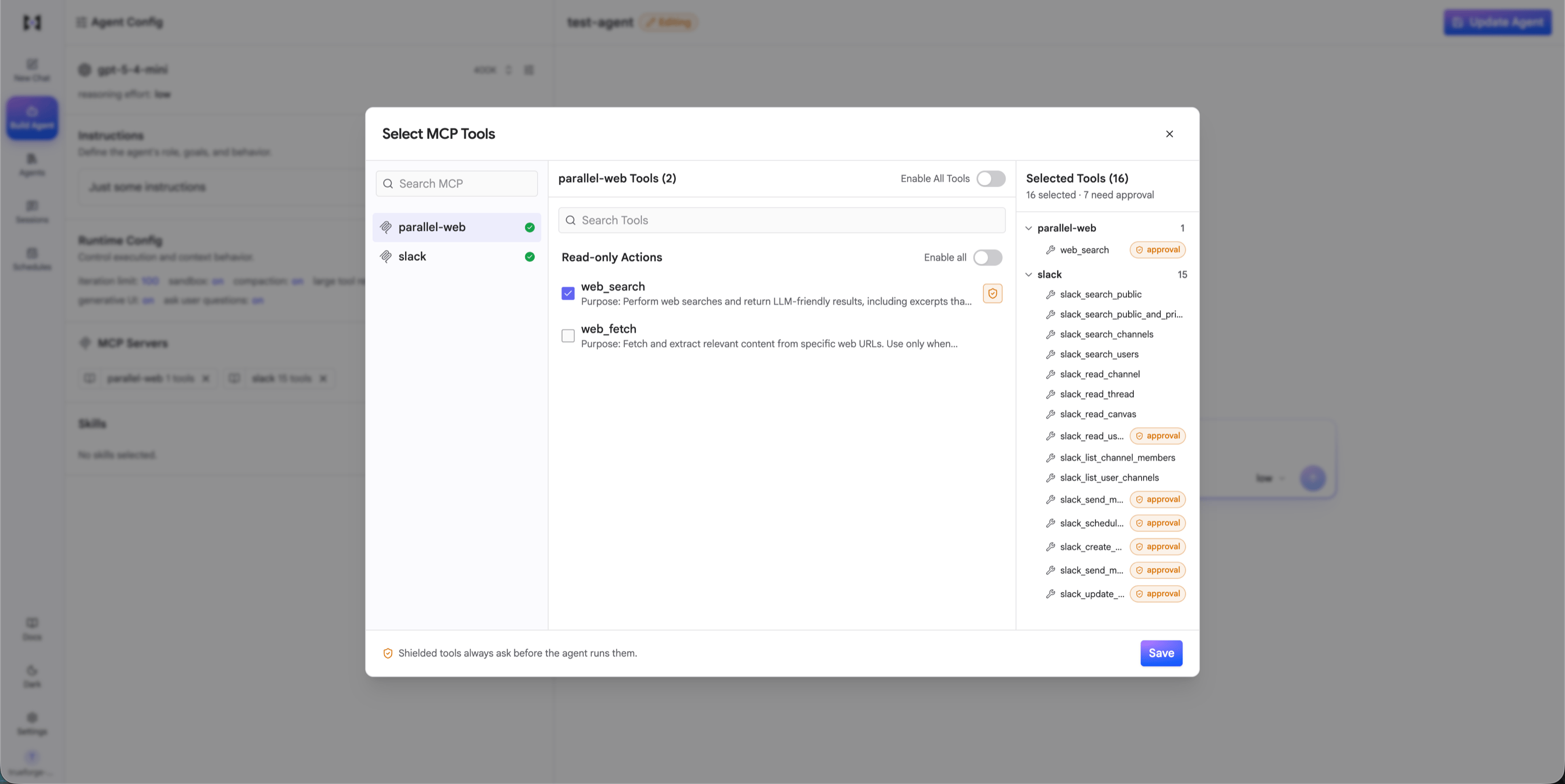 The Select MCP Tools dialog with a shielded web_search tool and a Selected Tools panel listing tools with approval badges