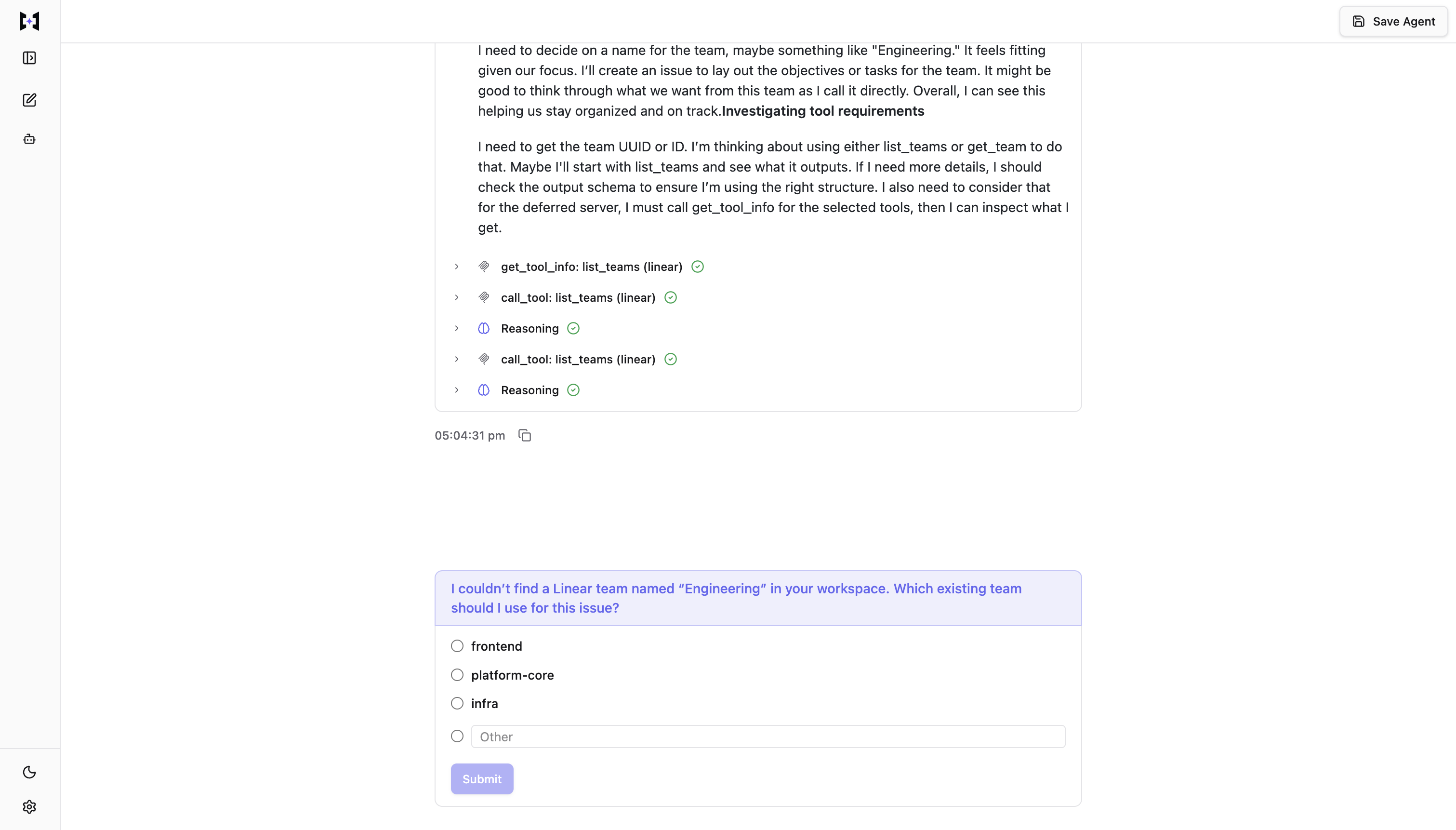 Chat UI showing an agent question with multiple-choice options and a Submit button