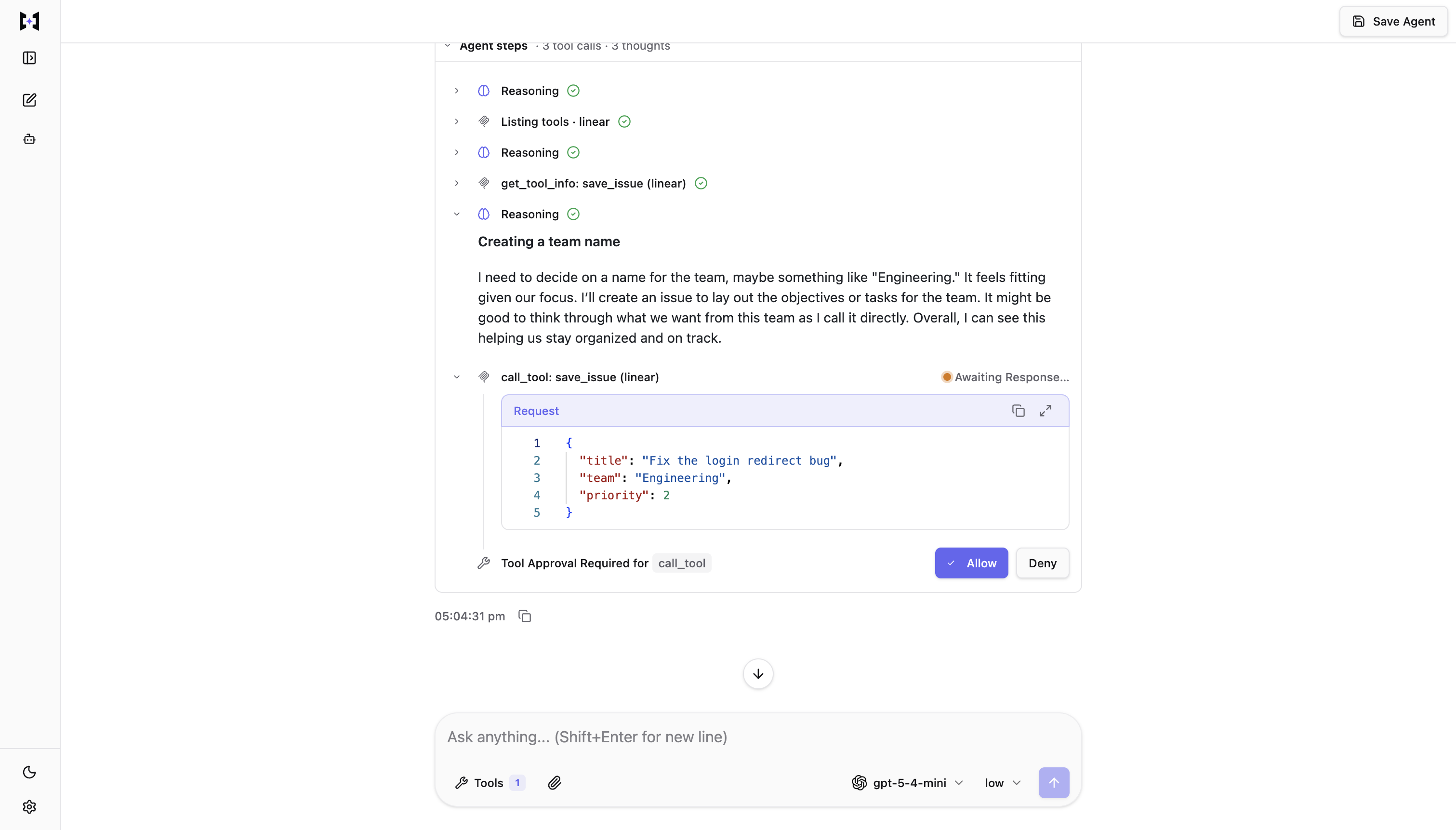 Chat UI pausing on a tool call, showing the request payload with Allow and Deny buttons