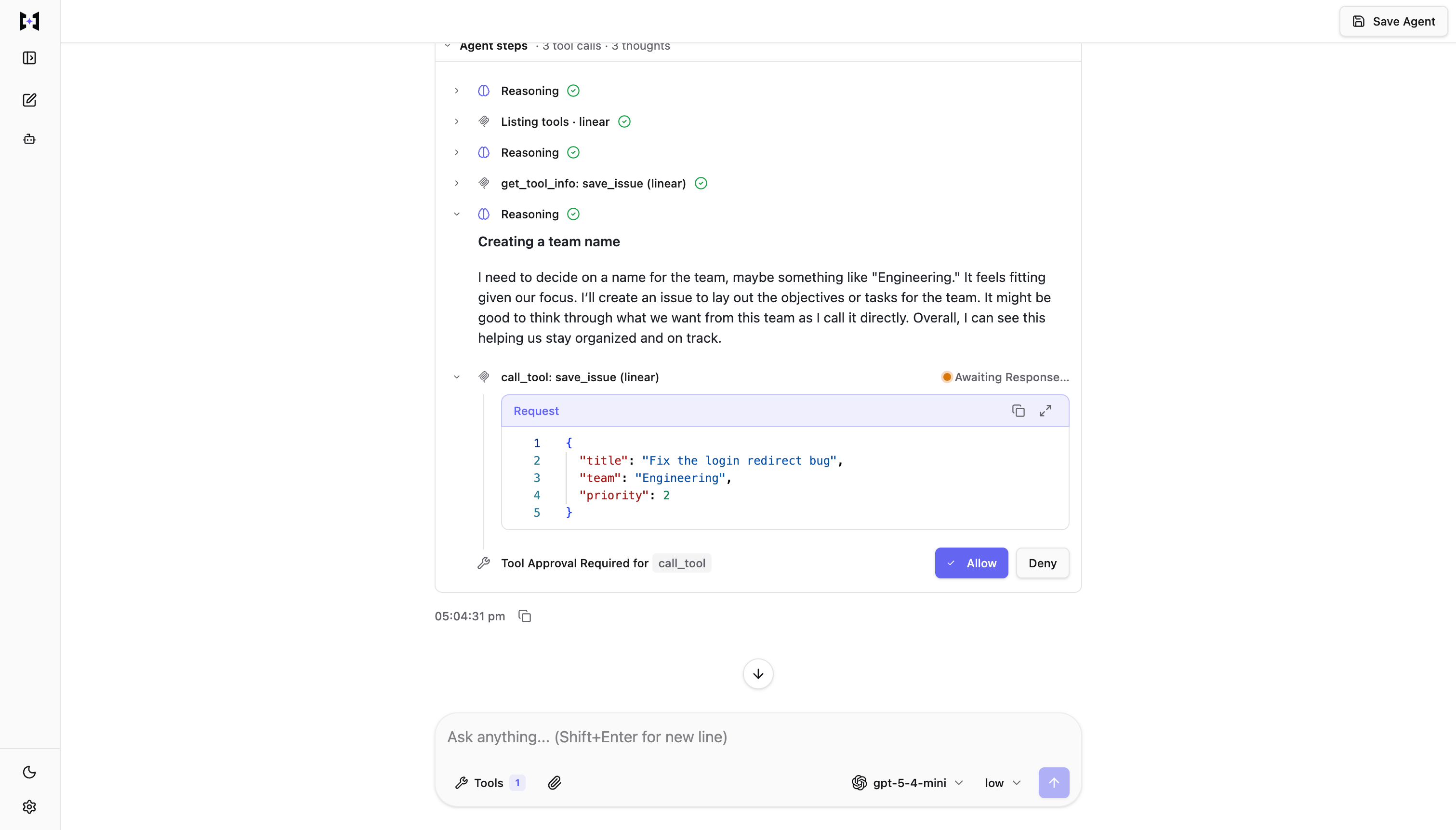 Chat UI pausing on a tool call, showing the request payload with Allow and Deny buttons