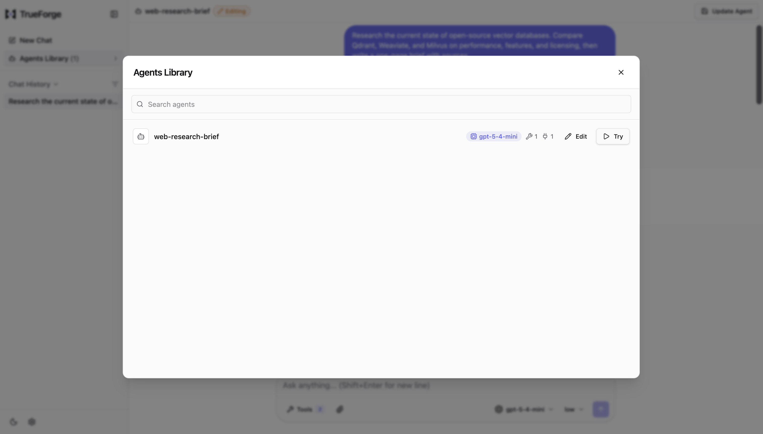 The Agents Library listing the saved web-research-brief agent with Edit and Try actions