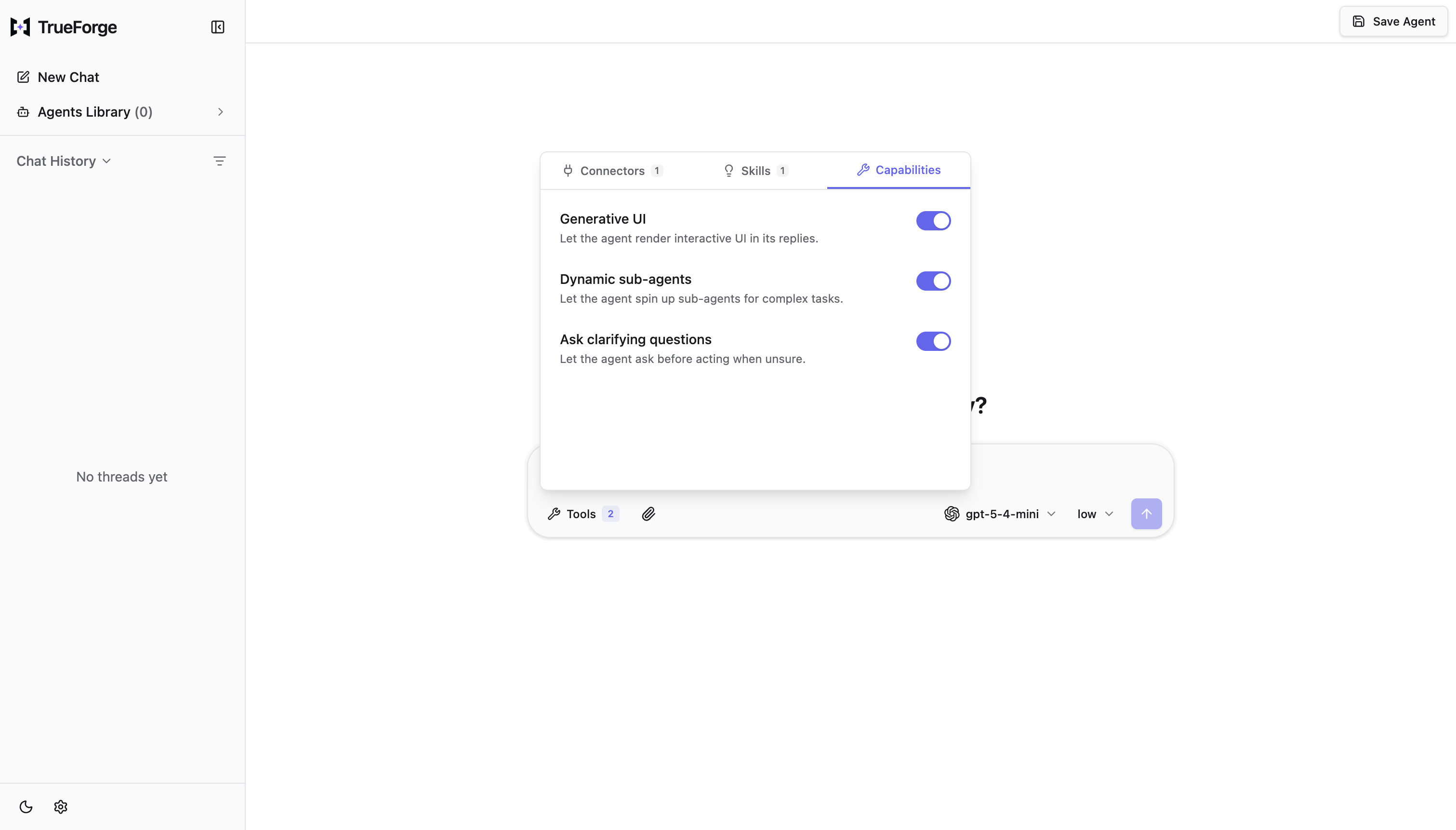 The Tools menu on the Capabilities tab with Generative UI, Dynamic sub-agents, and Ask clarifying questions toggled on