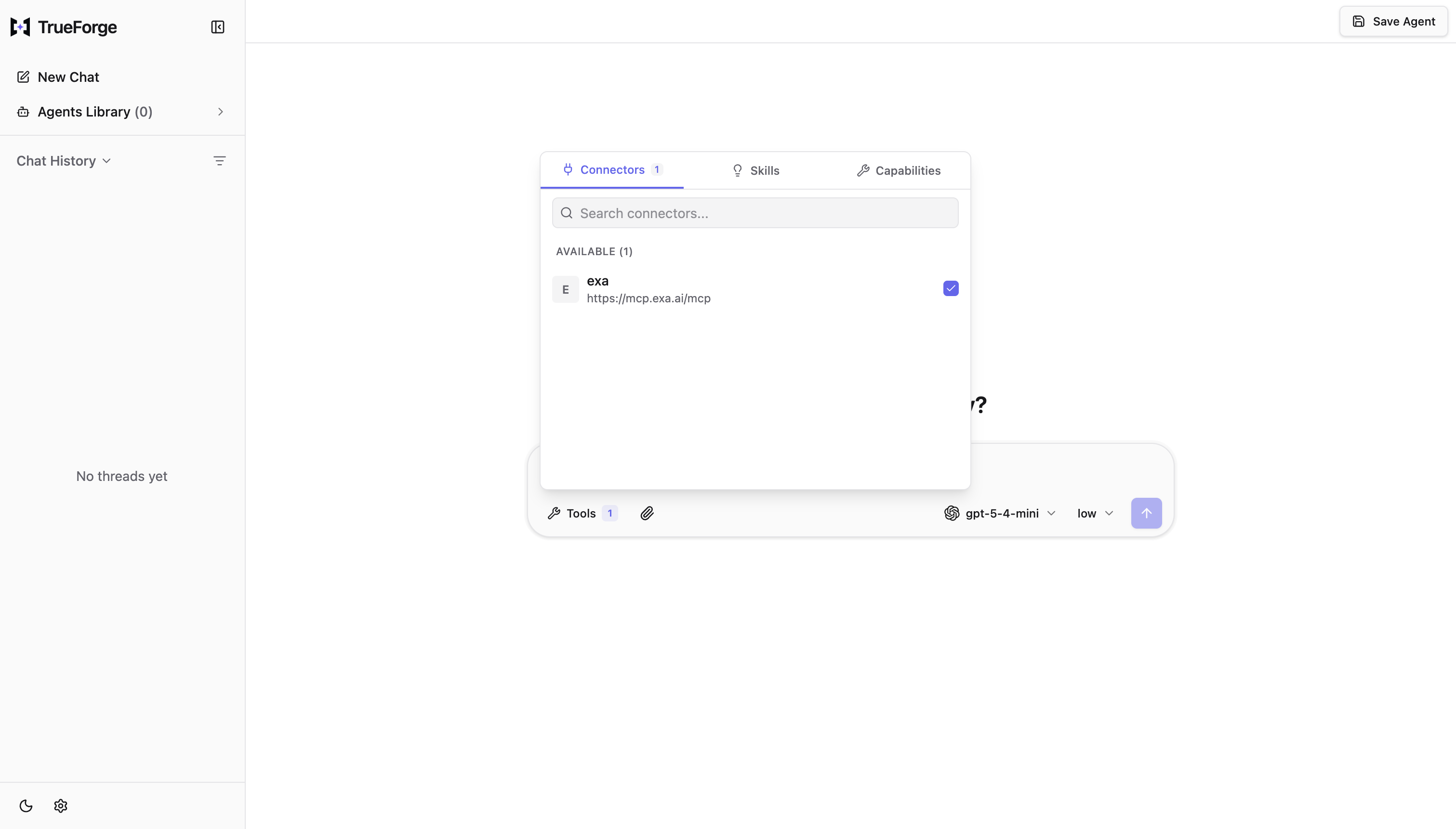 The composer Tools menu on the Connectors tab with Exa enabled