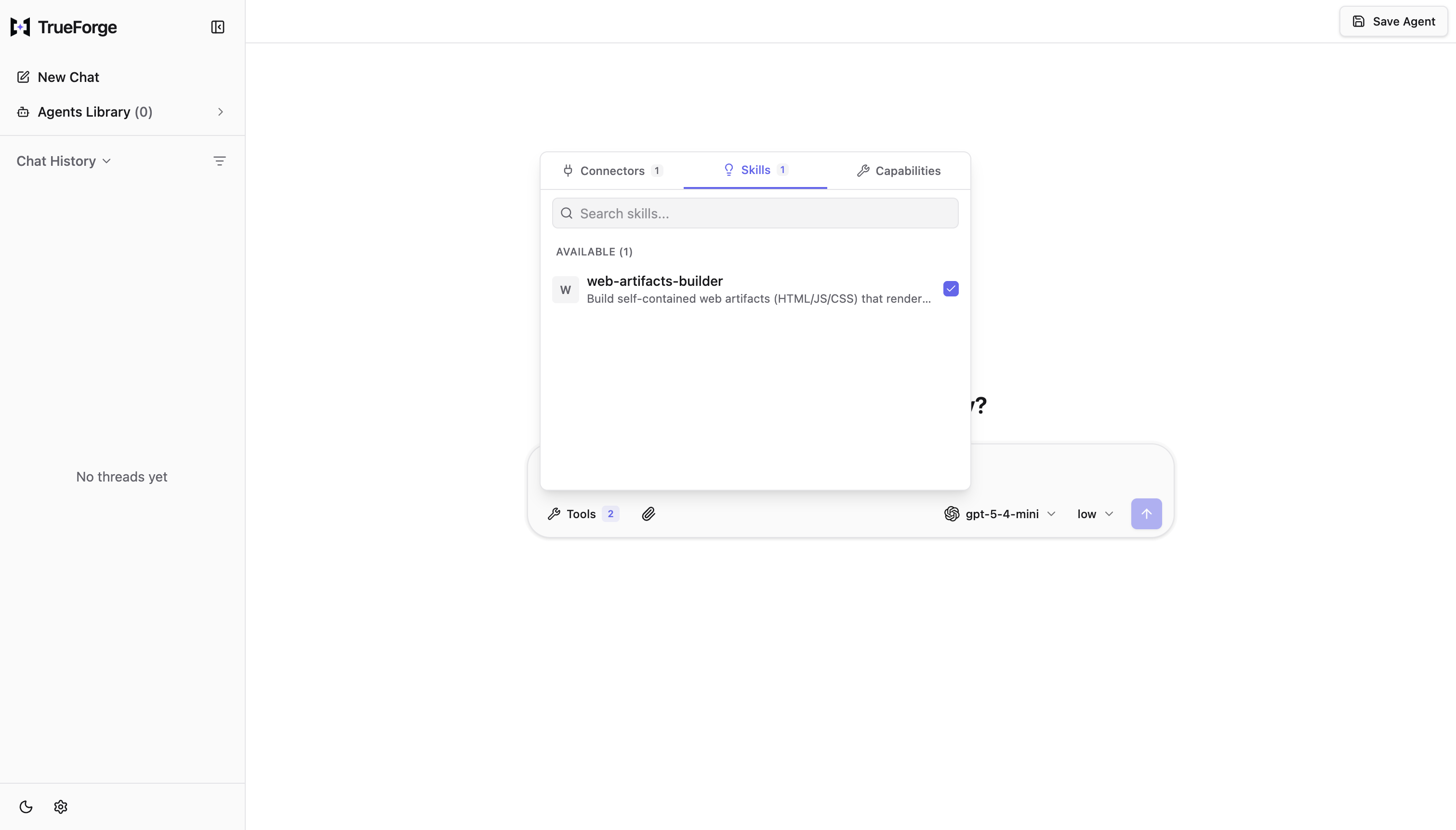 The Tools menu on the Skills tab with web-artifacts-builder enabled