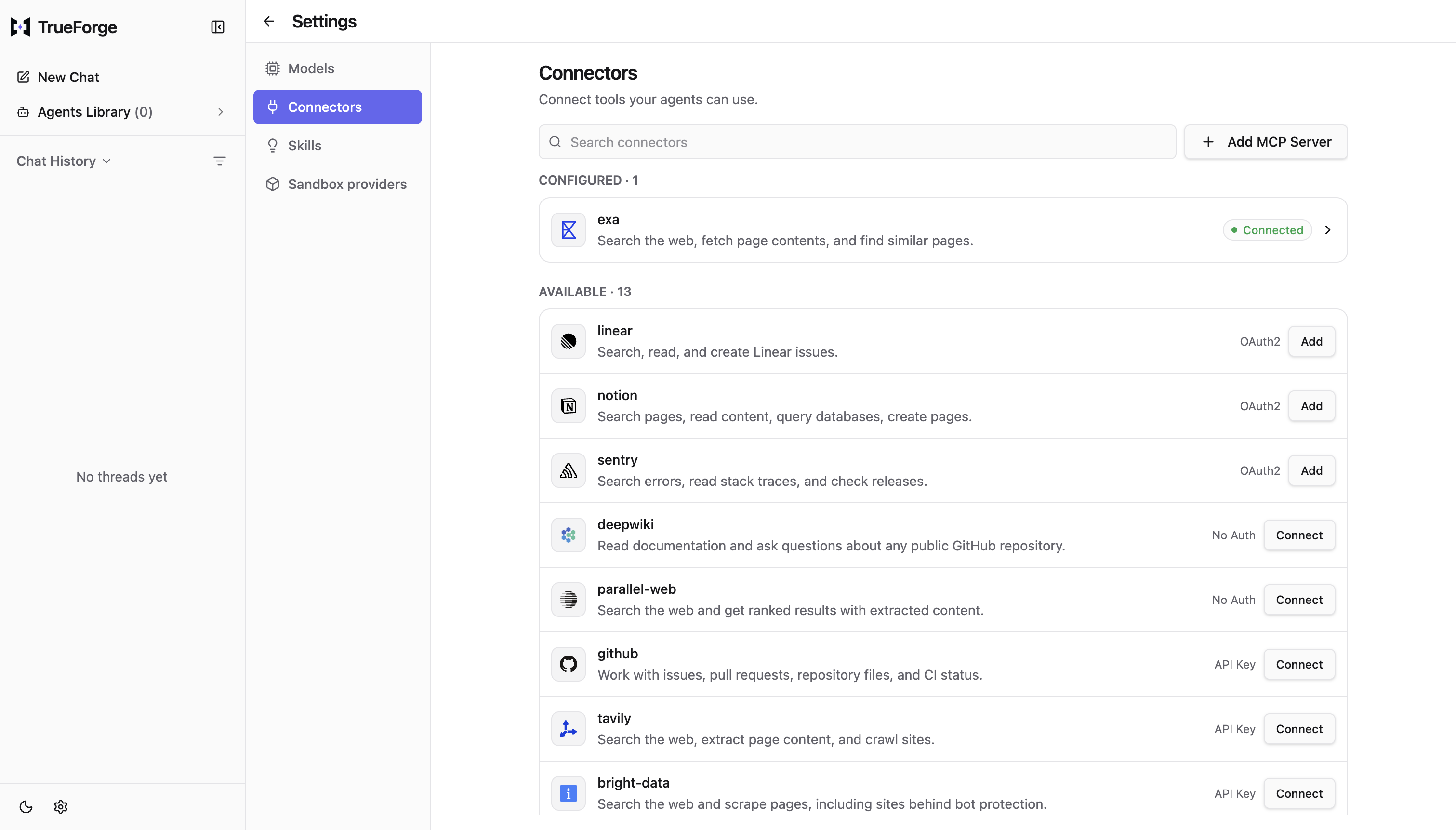 Settings → Connectors with Exa connected, above a catalog of more MCP servers labelled by auth type