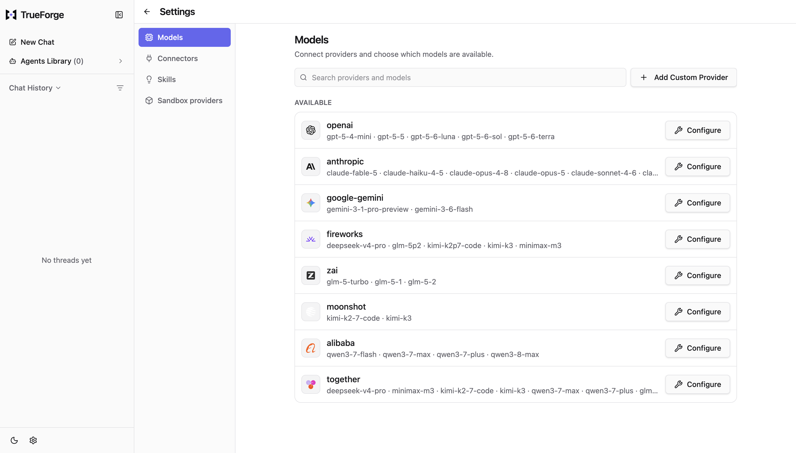 Settings → Models listing providers such as OpenAI, Anthropic, and Google, each with a Configure button