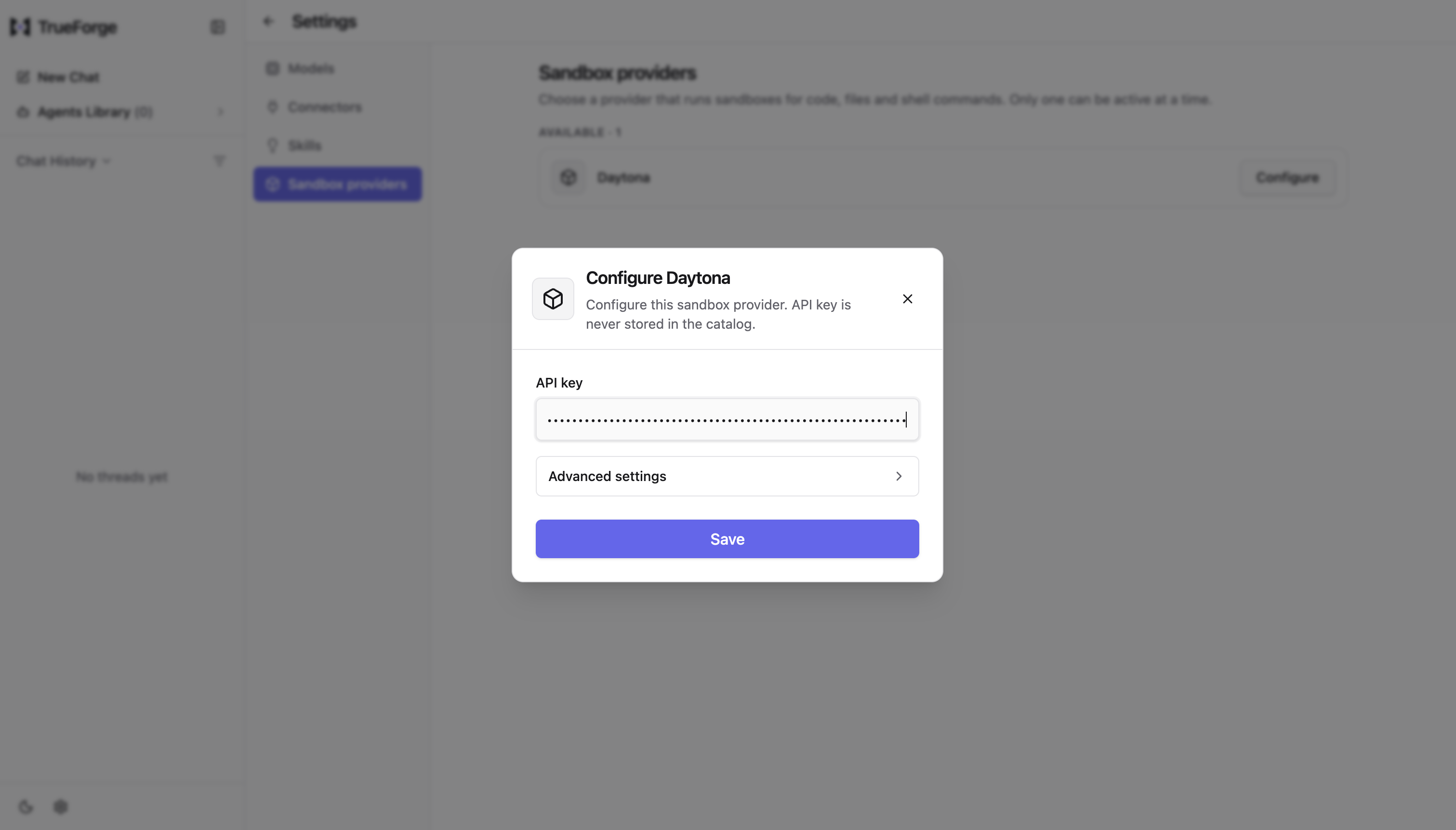 The Configure Daytona dialog with an API key field and a collapsed Advanced settings section