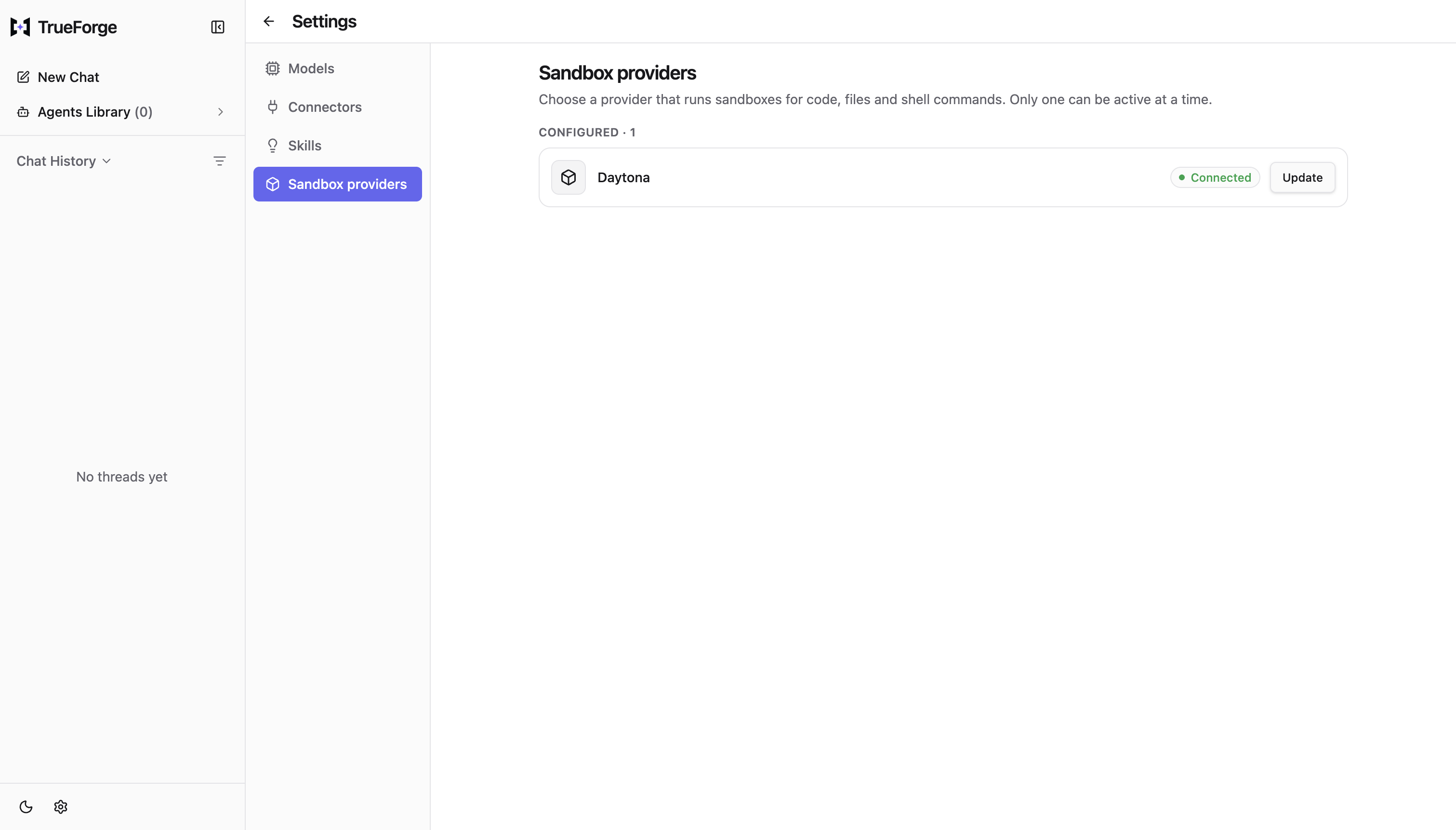 Settings → Sandbox providers showing Daytona as Connected