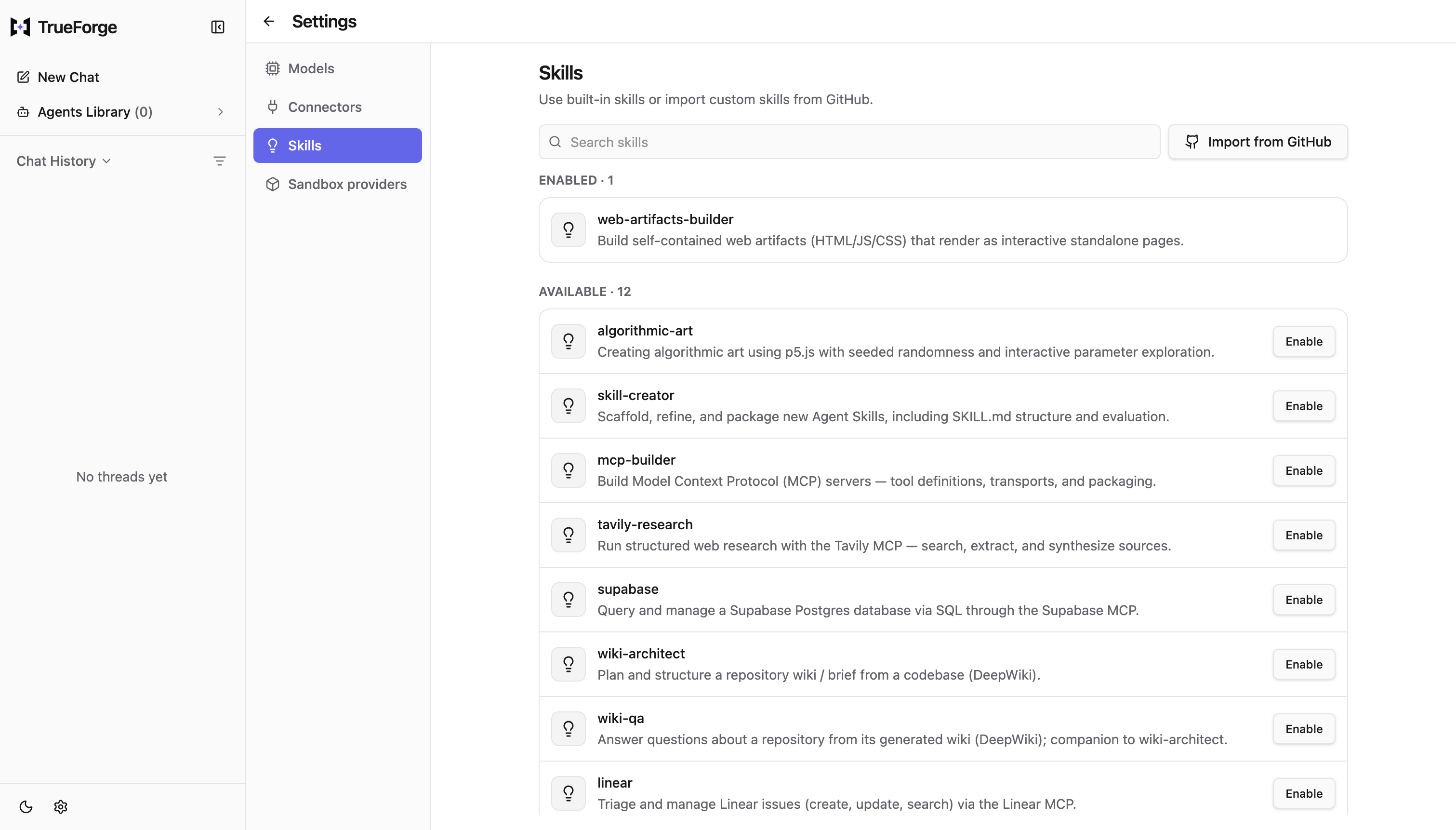 Settings → Skills with web-artifacts-builder enabled, above the built-in skill catalog