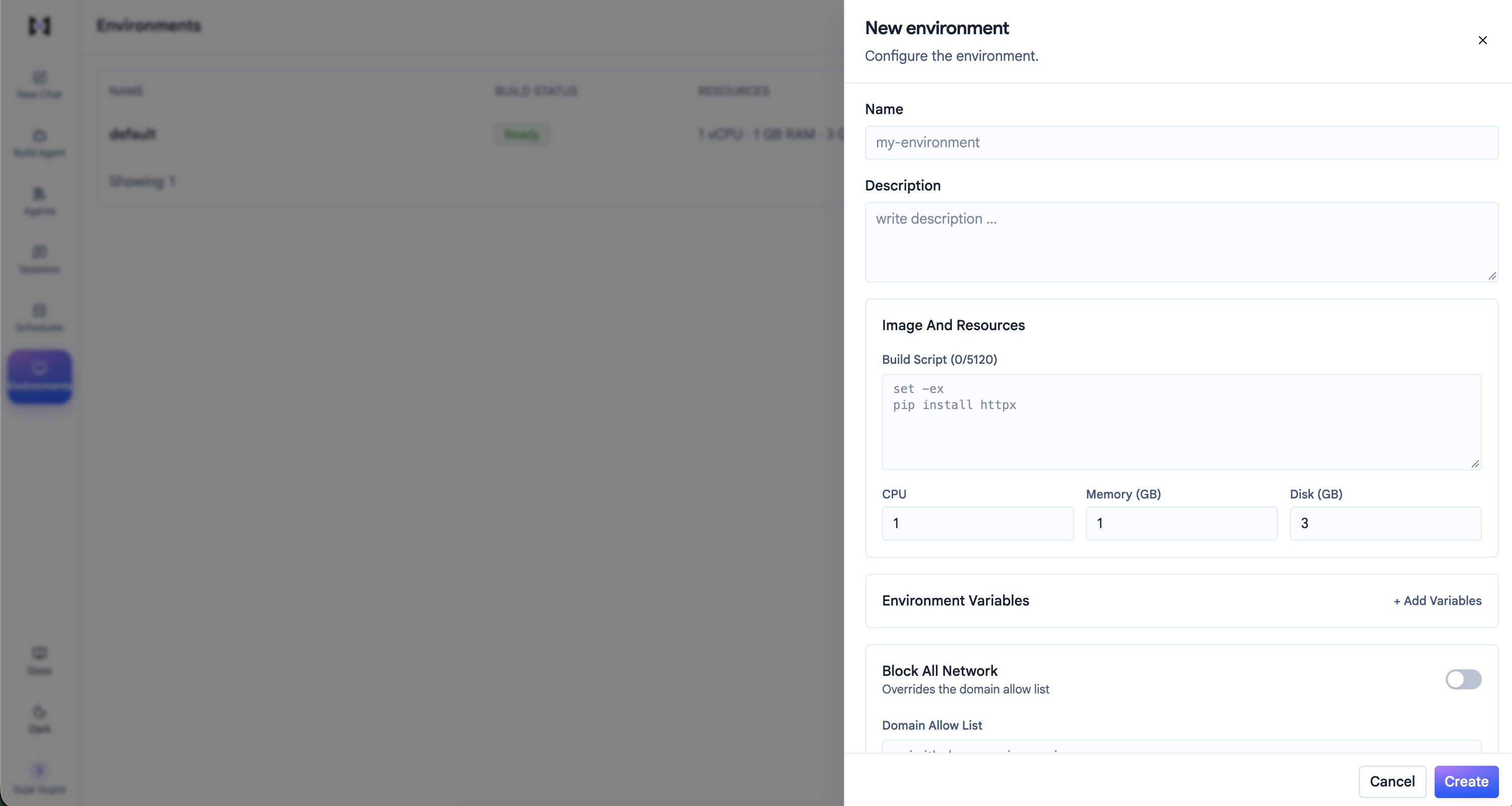 The New environment form with name, build script, CPU, memory, and disk, environment variables, a Block All Network toggle with a domain allow list, and secrets
