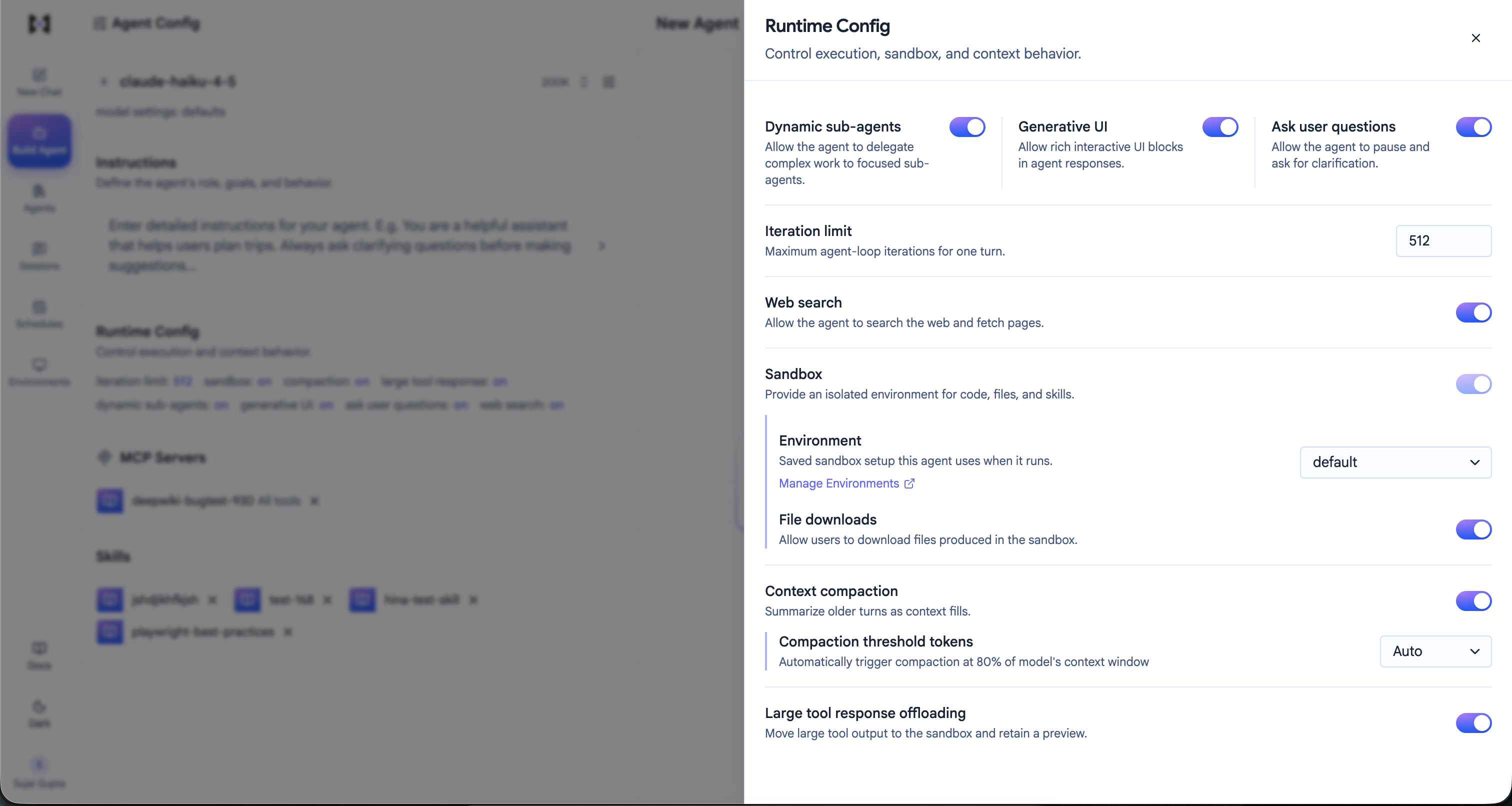 The Runtime Config drawer with the Sandbox section expanded, showing an Environment dropdown set to default, a Manage Environments link, and a File downloads toggle