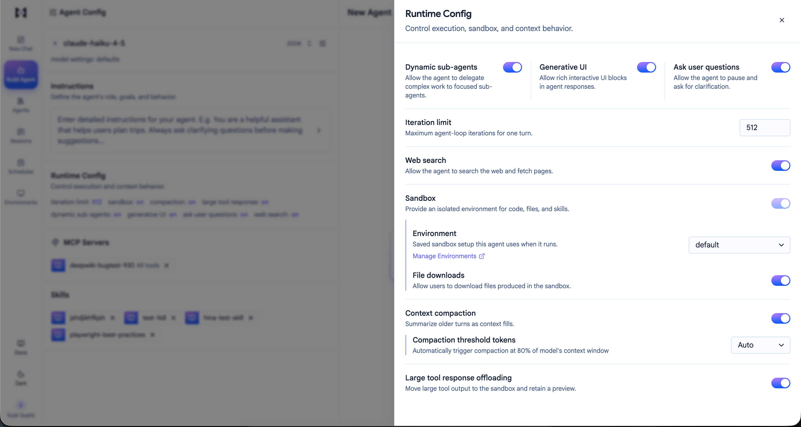 The Runtime Config drawer with the Sandbox section expanded, showing an Environment dropdown set to default, a Manage Environments link, and a File downloads toggle