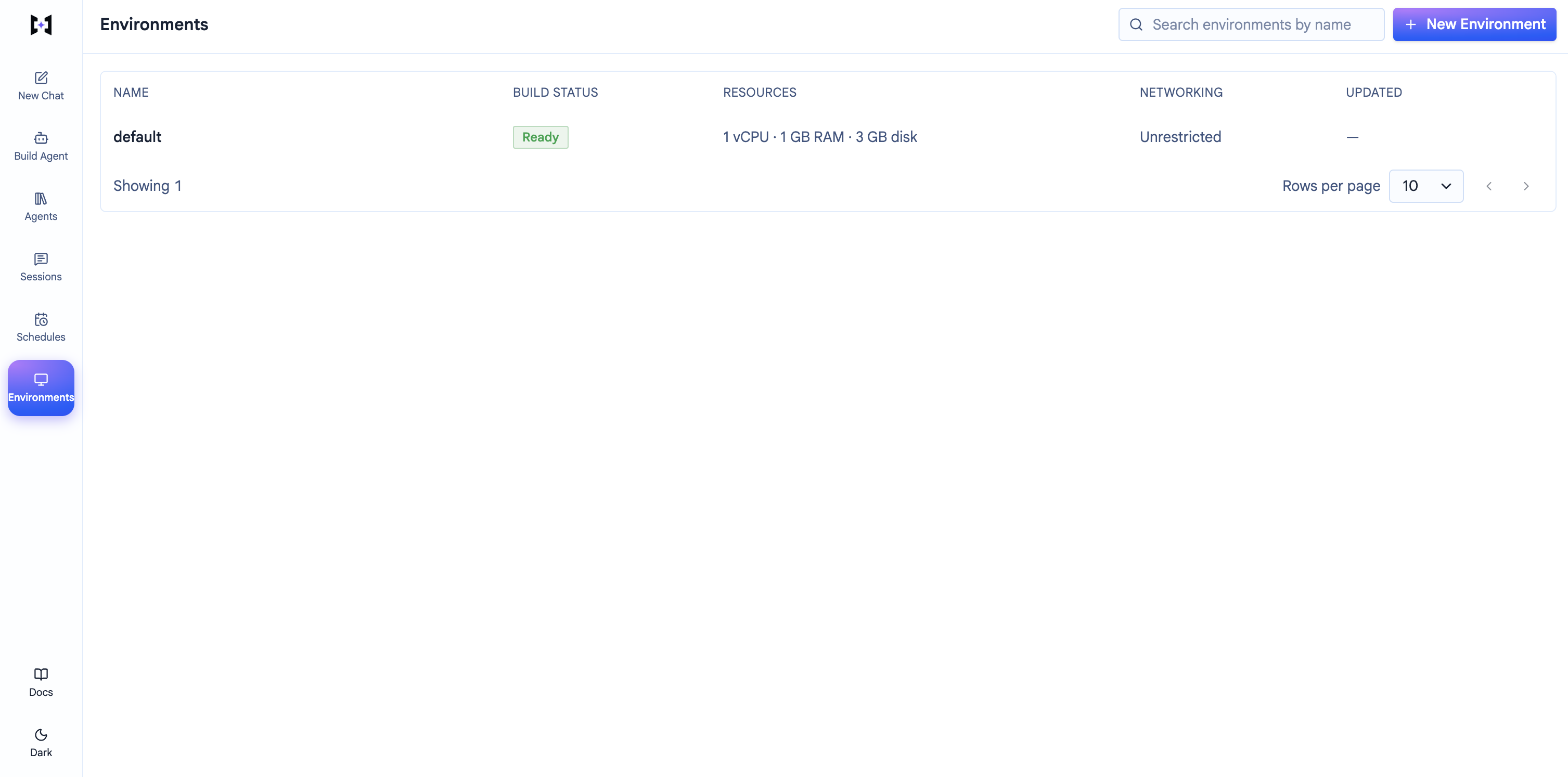 The Environments page listing the default environment with its build status (Ready), resources, and networking
