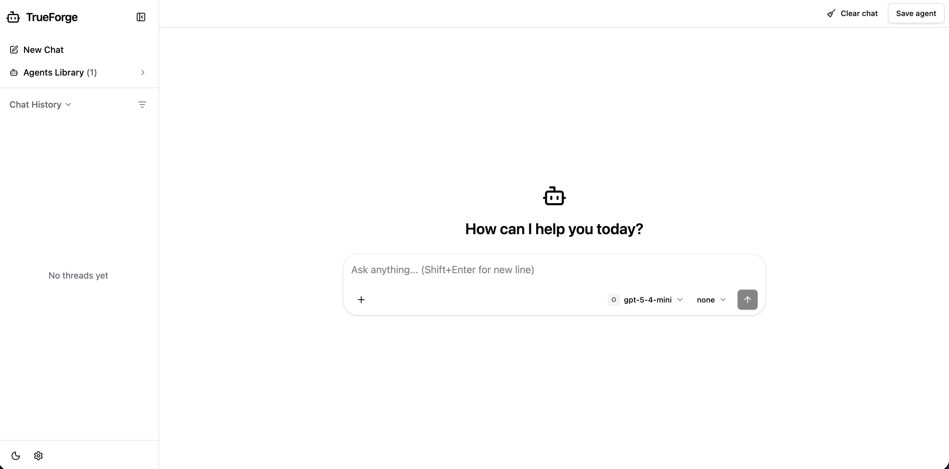 The TrueForgeUI component rendering an agent chat with an agent-steps panel and a streamed response