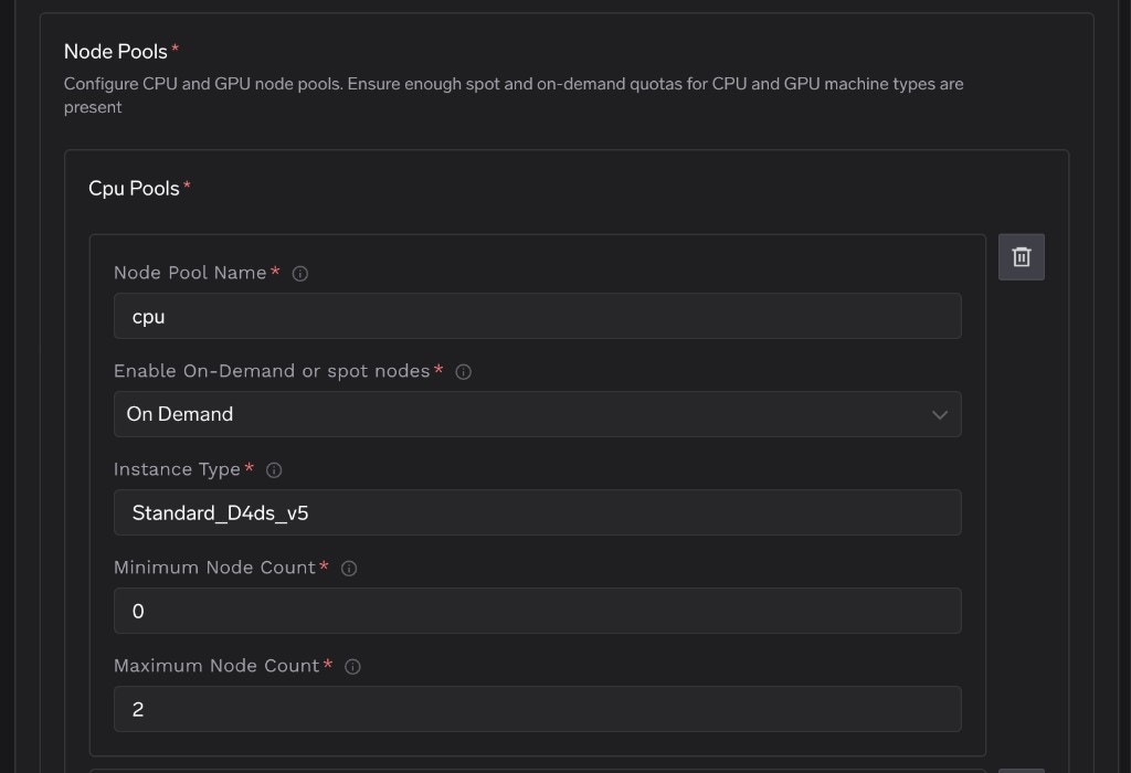 Azure Node Pools configuration form