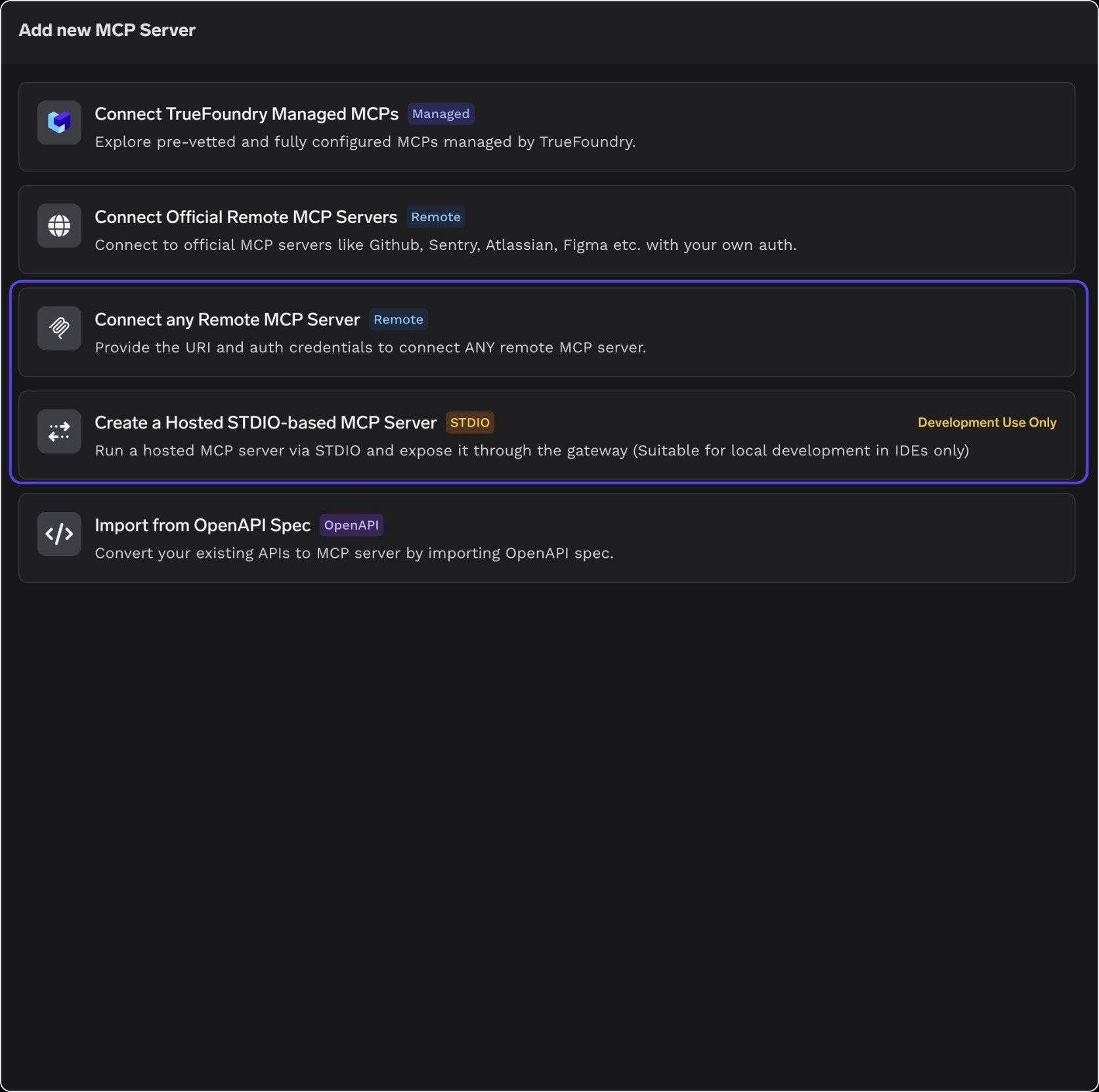 Add new MCP Server picker with the Connect any Remote MCP Server option highlighted