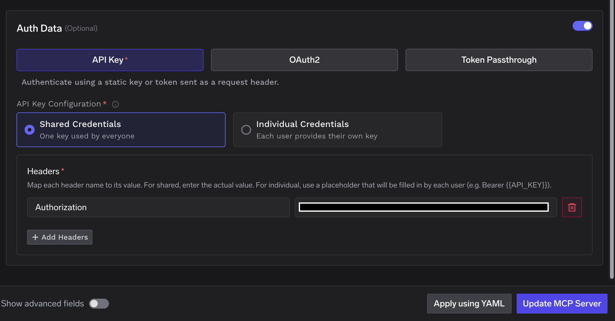 MCP Server registration form showing API Key auth with Shared Credentials and the Authorization header configured