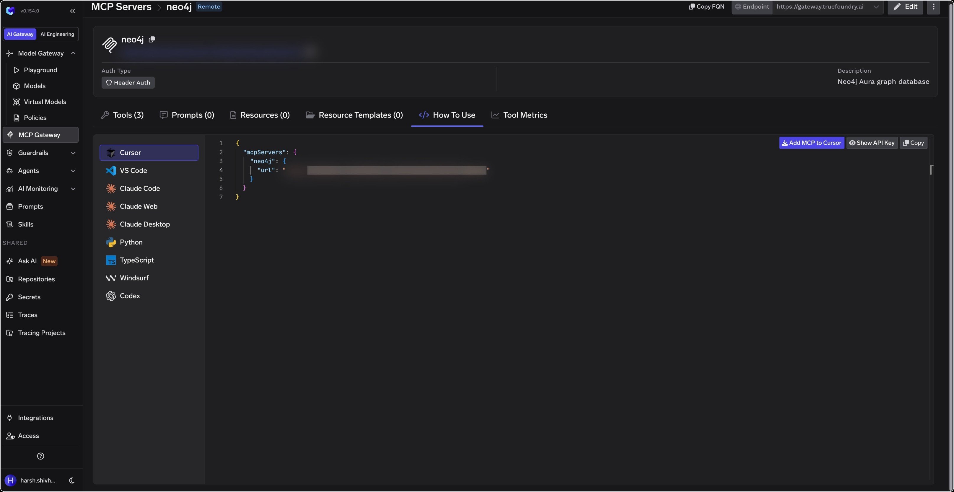 Neo4j How To Use tab showing per-client connection configs