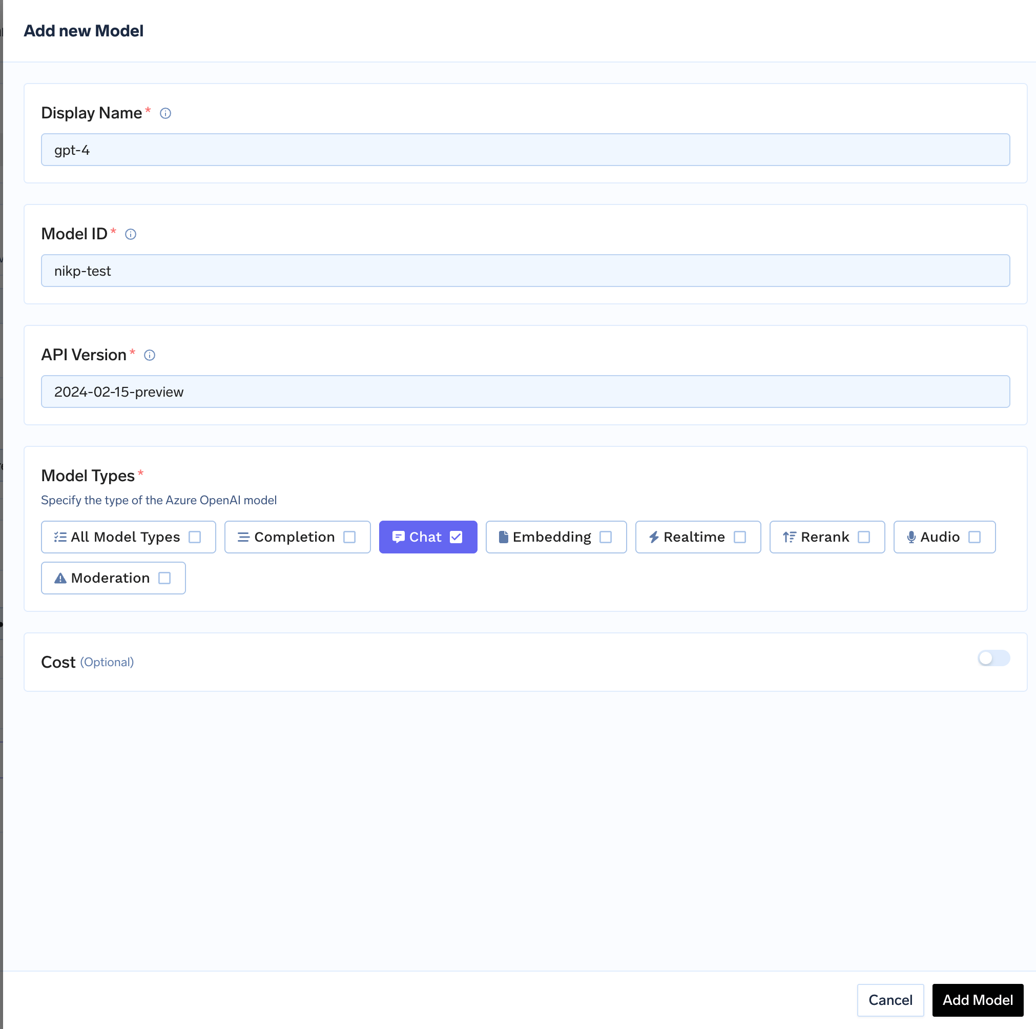 Model addition form for Azure OpenAI with fields for model ID and endpoint configuration
