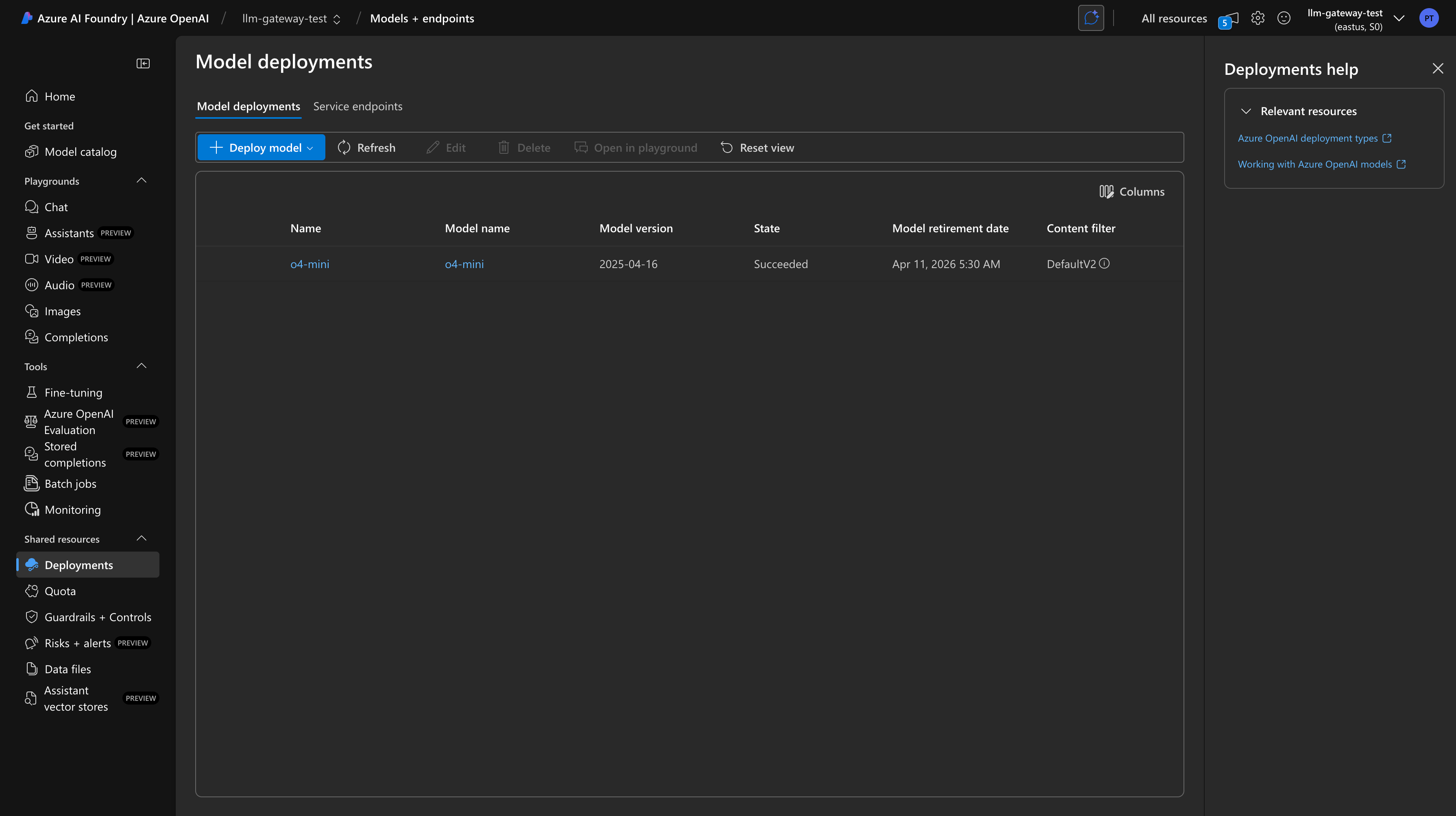 Azure portal showing deployed model endpoint URL and model name in the Deployments section