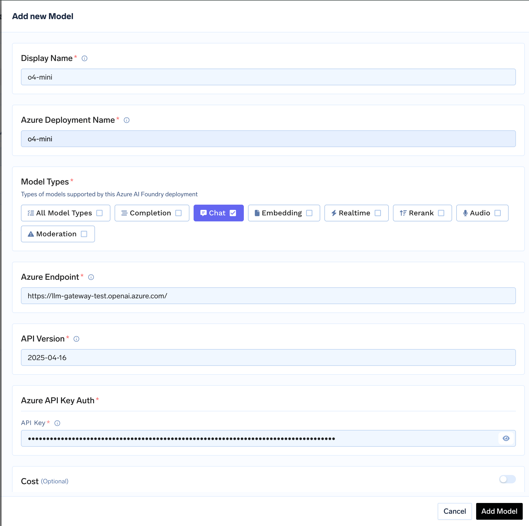Model addition form for Azure AI Foundry with fields for model ID and endpoint URL
