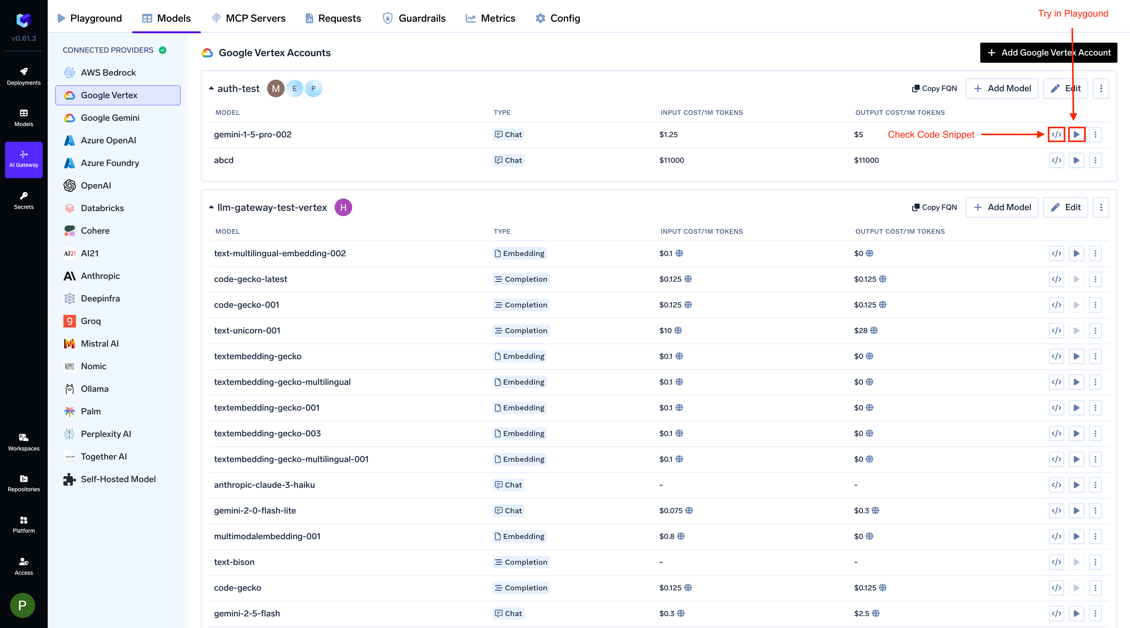 Code Snippet and Try in Playgroud Buttons for each Google Vertex model