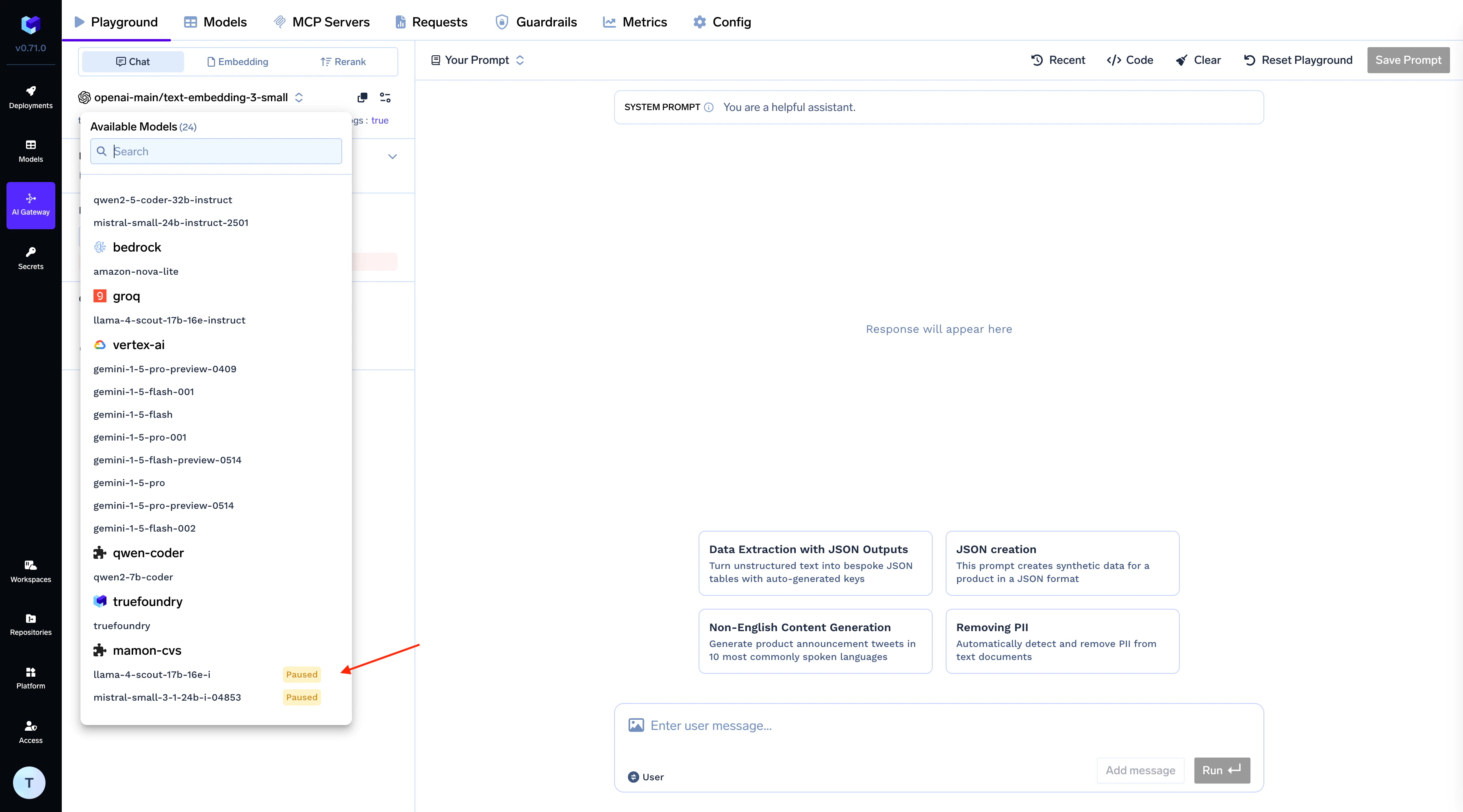 AI Gateway dashboard showing a model with paused status