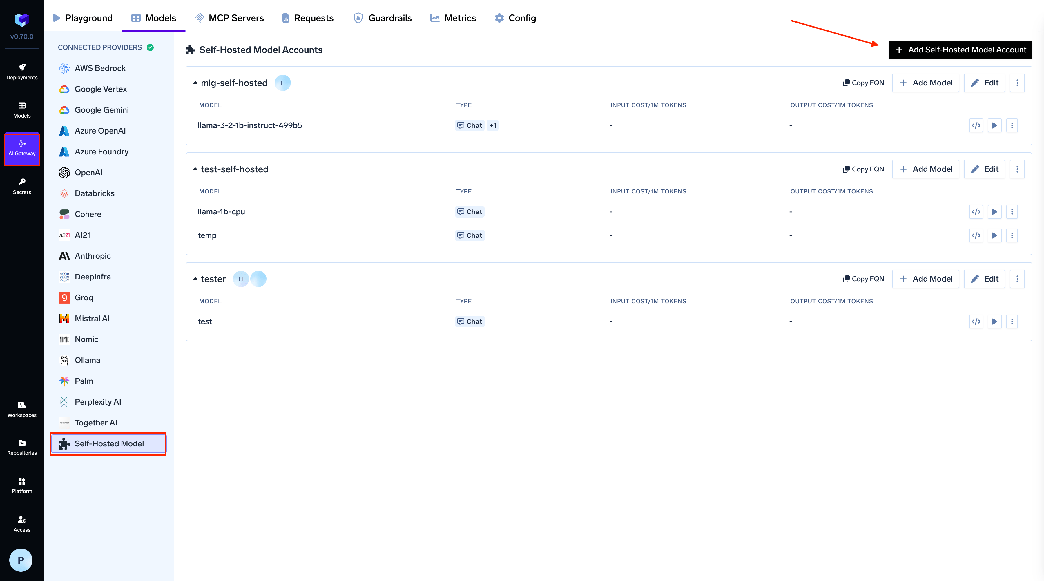 Navigating to Self Hosted Provider Account in AI Gateway