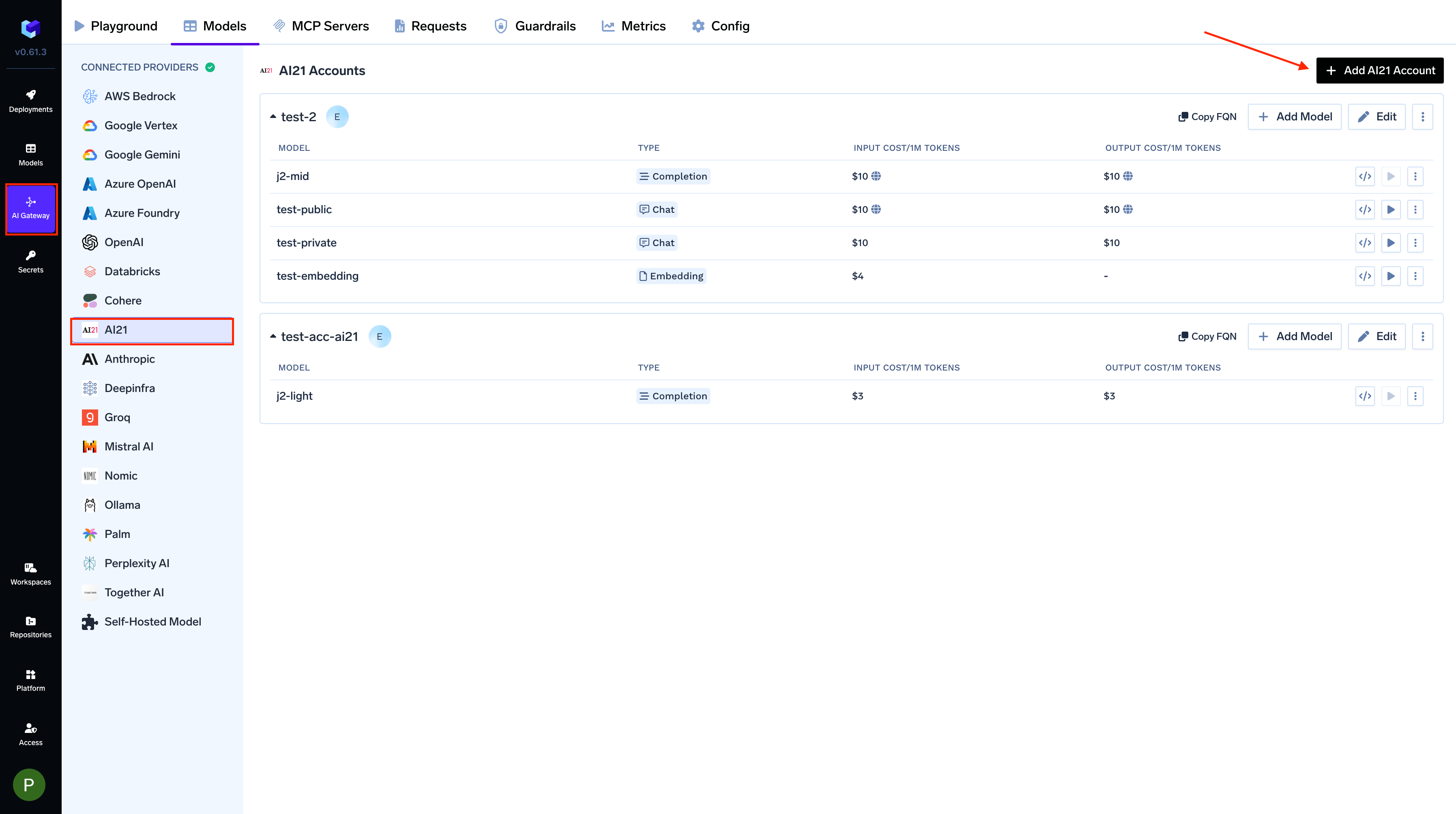 Navigating to AI21 Provider Account in AI Gateway