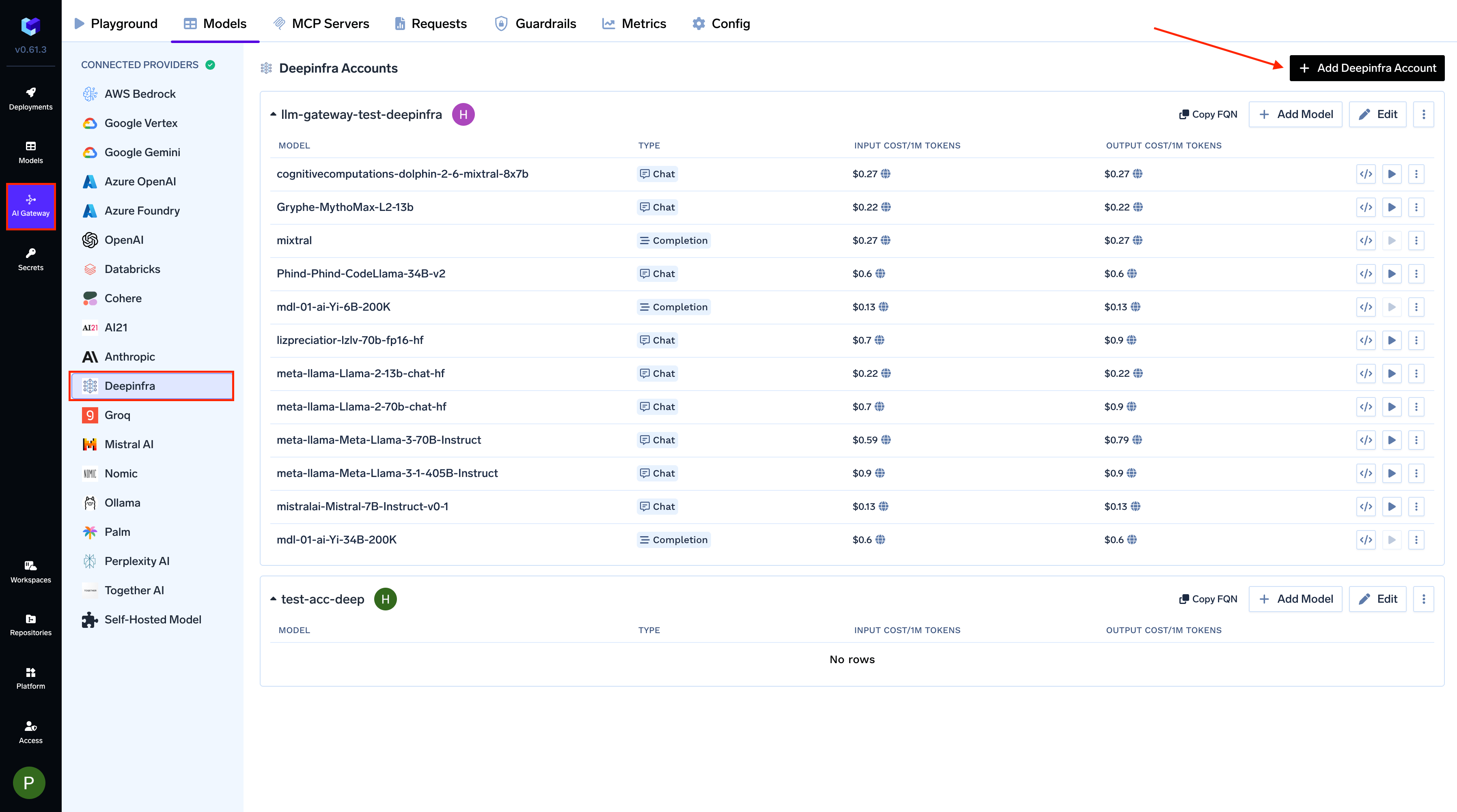 Navigating to Deepinfra Provider Account in AI Gateway