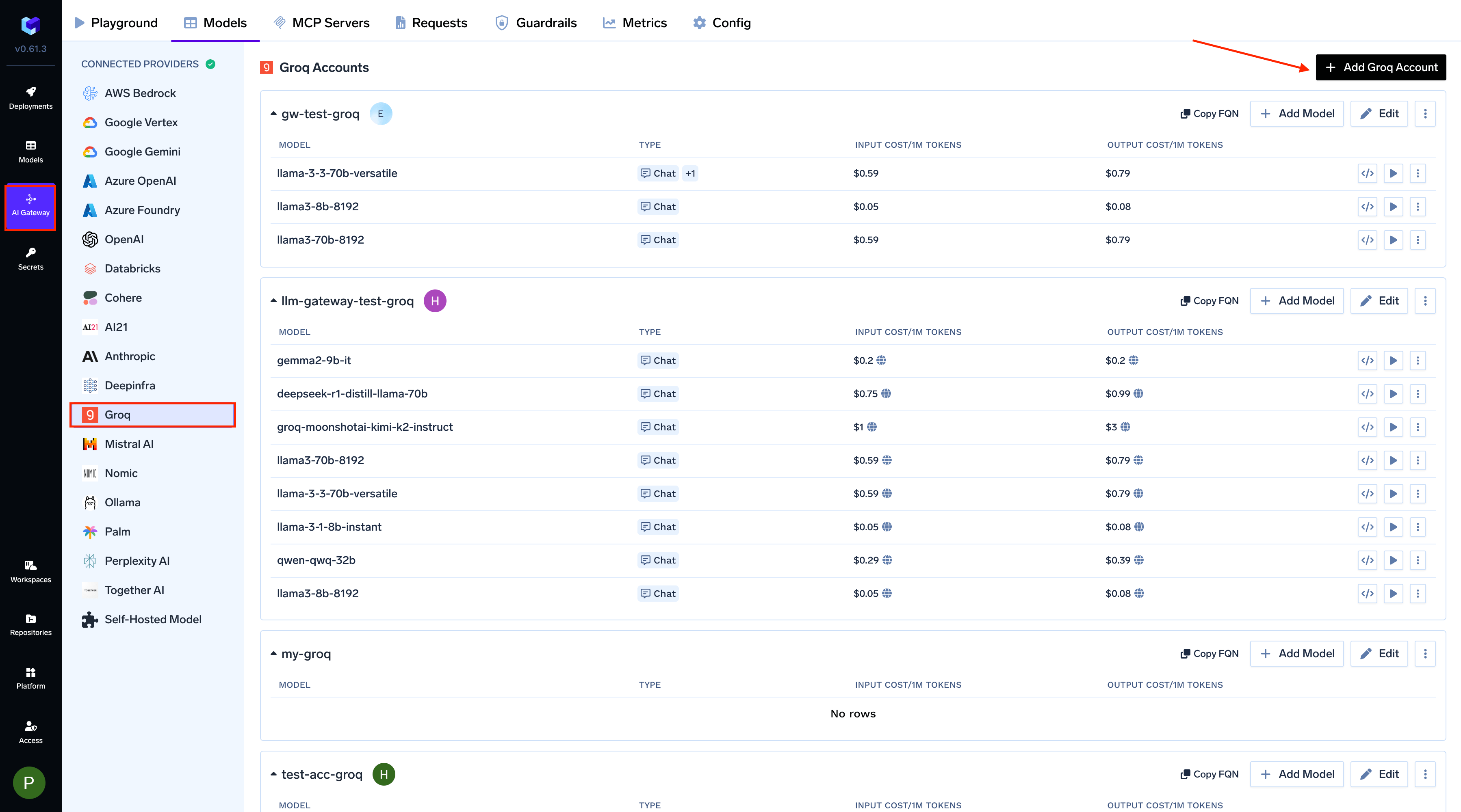 Groq provider selection in TrueFoundry AI Gateway models page