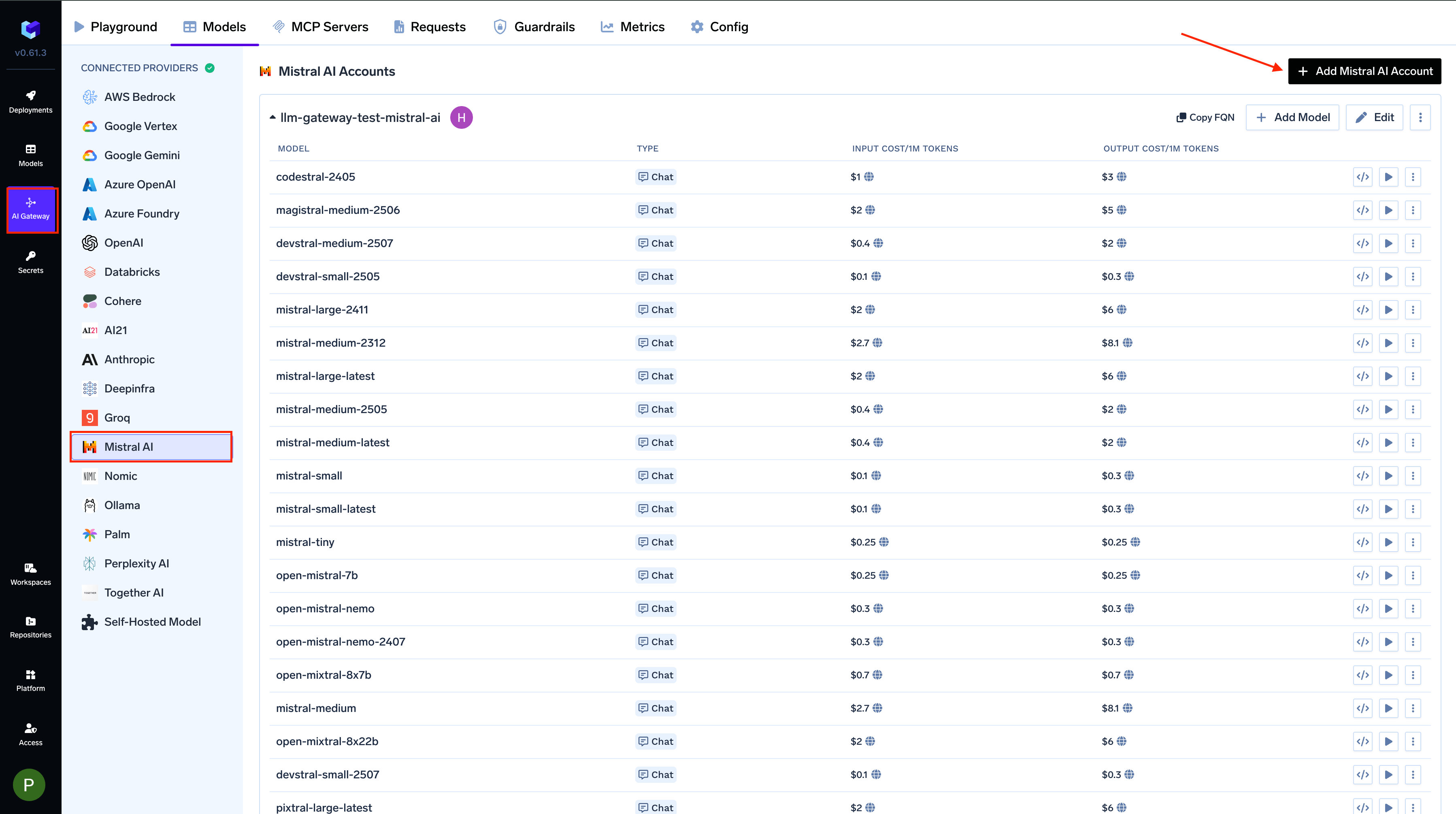 Navigating to Mistral Provider Account in AI Gateway
