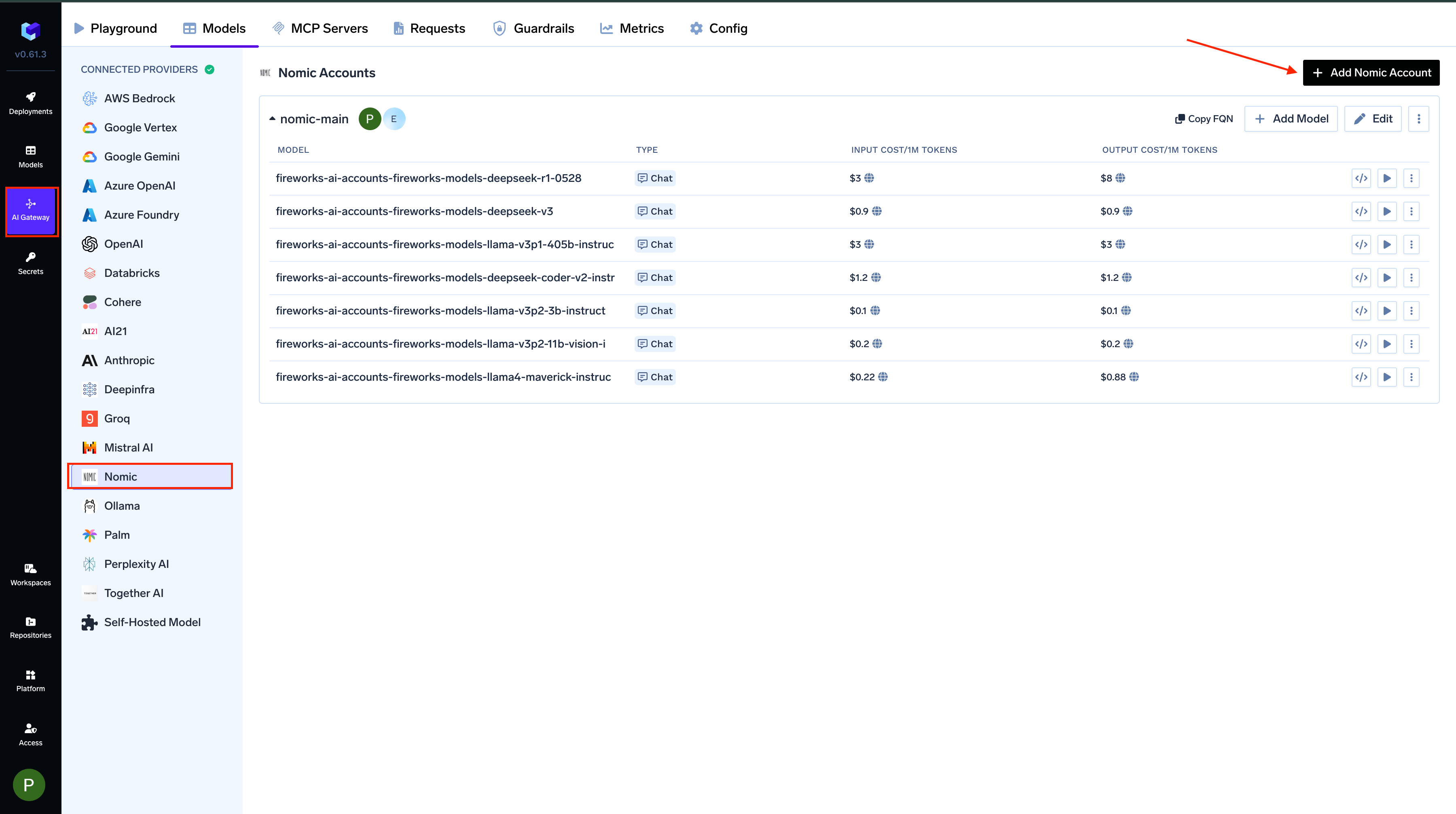 Navigating to Nomic Provider Account in AI Gateway