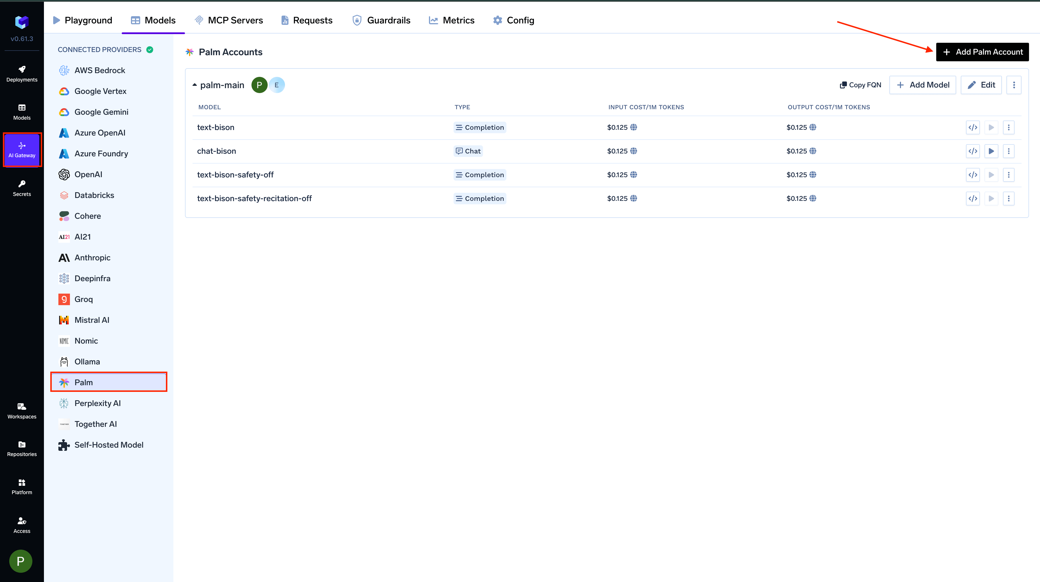 Navigating to Palm Provider Account in AI Gateway