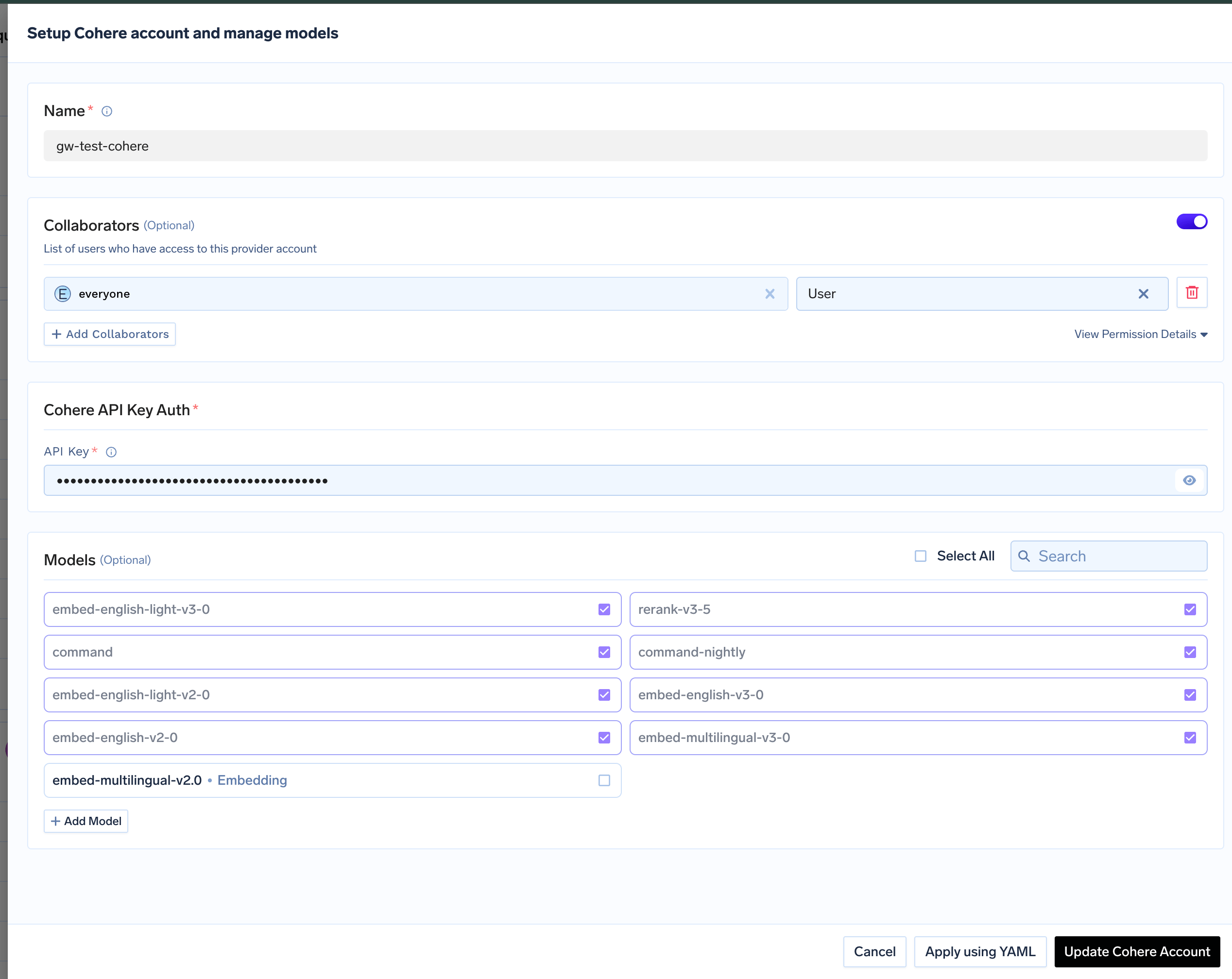 Cohere account configuration form with fields for API key and collaborators