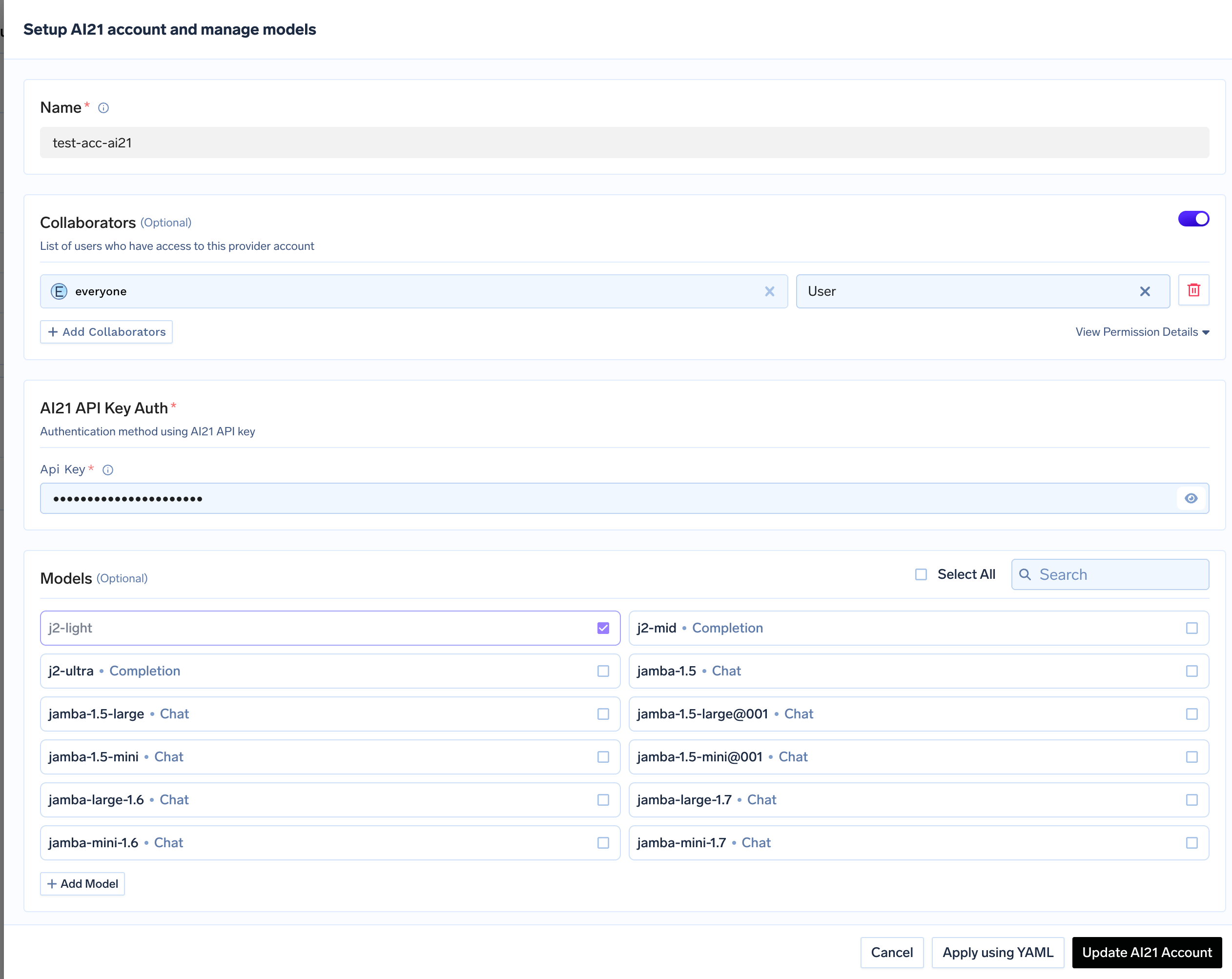 AI21 account configuration form with fields for API key and collaborators
