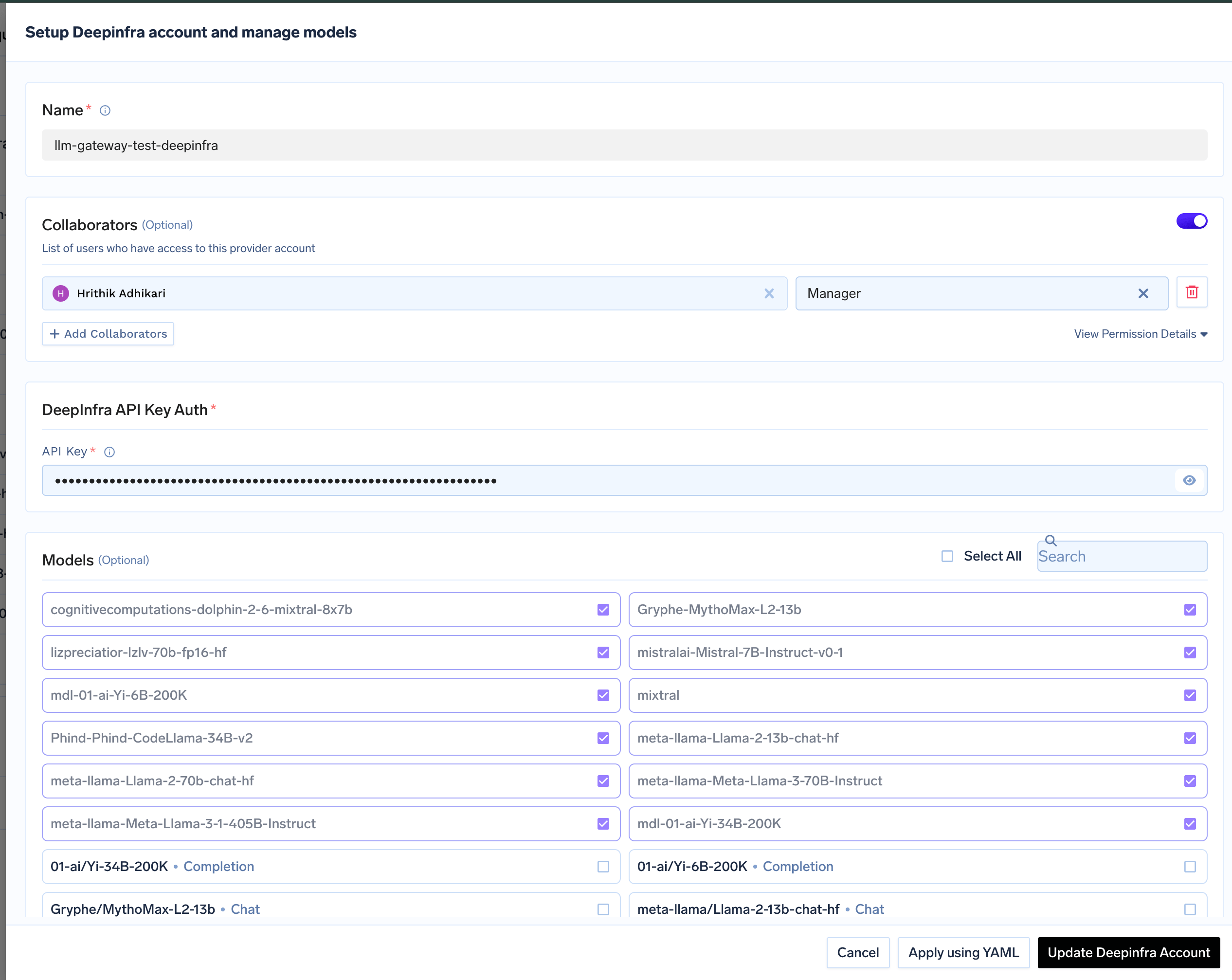 Deepinfra account configuration form with fields for API key and collaborators