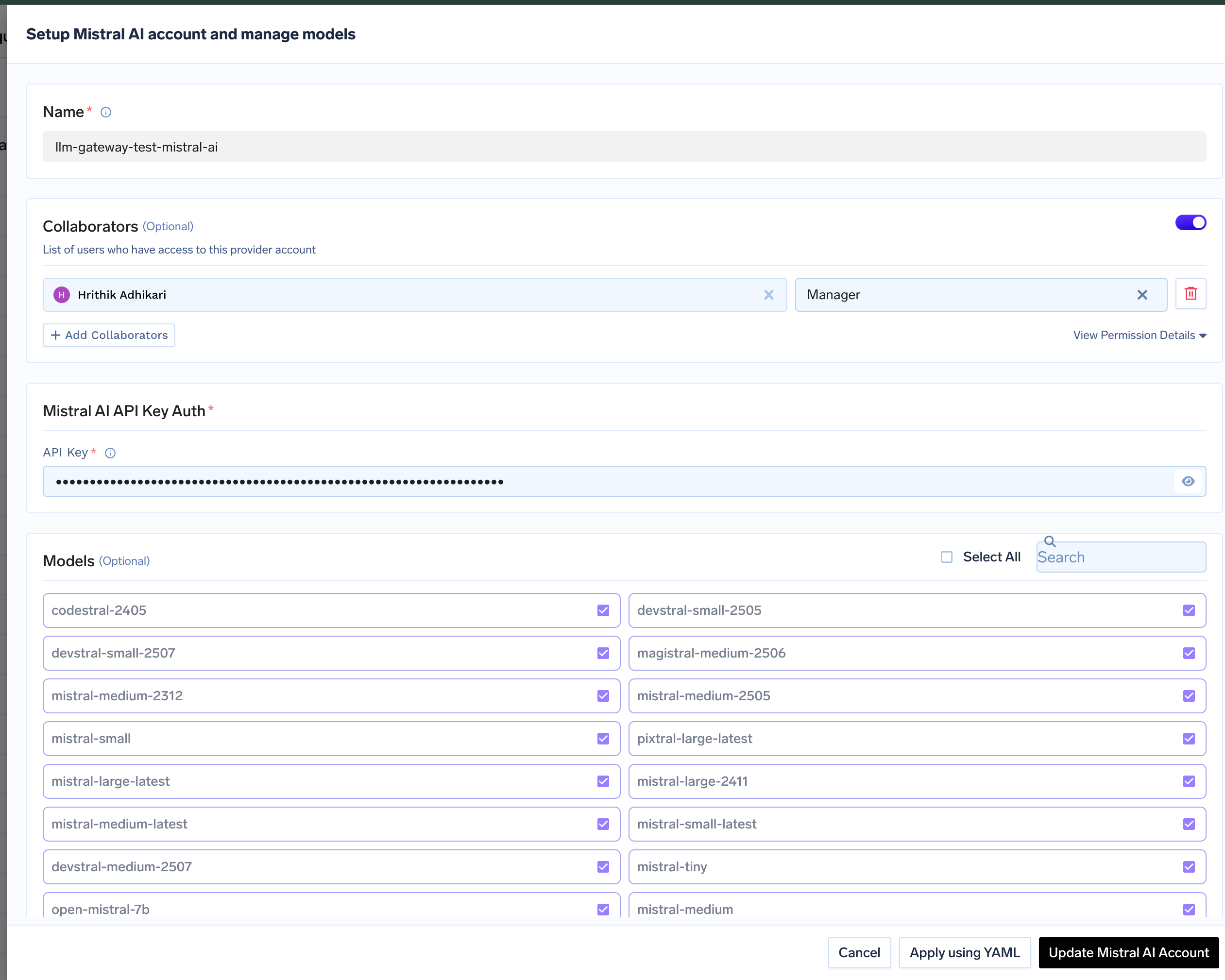 Mistral account configuration form with fields for API key and collaborators