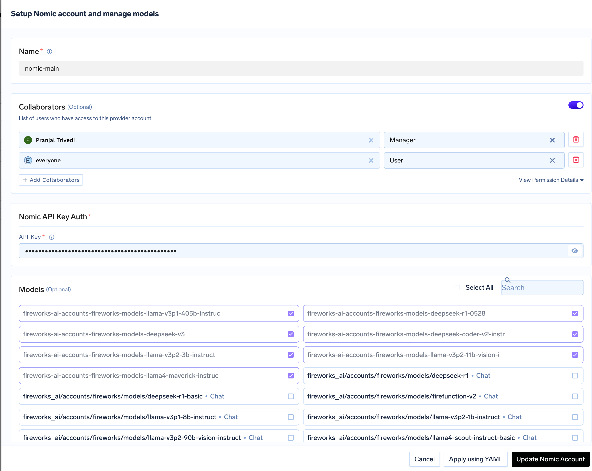 Nomic account configuration form with fields for API key and collaborators