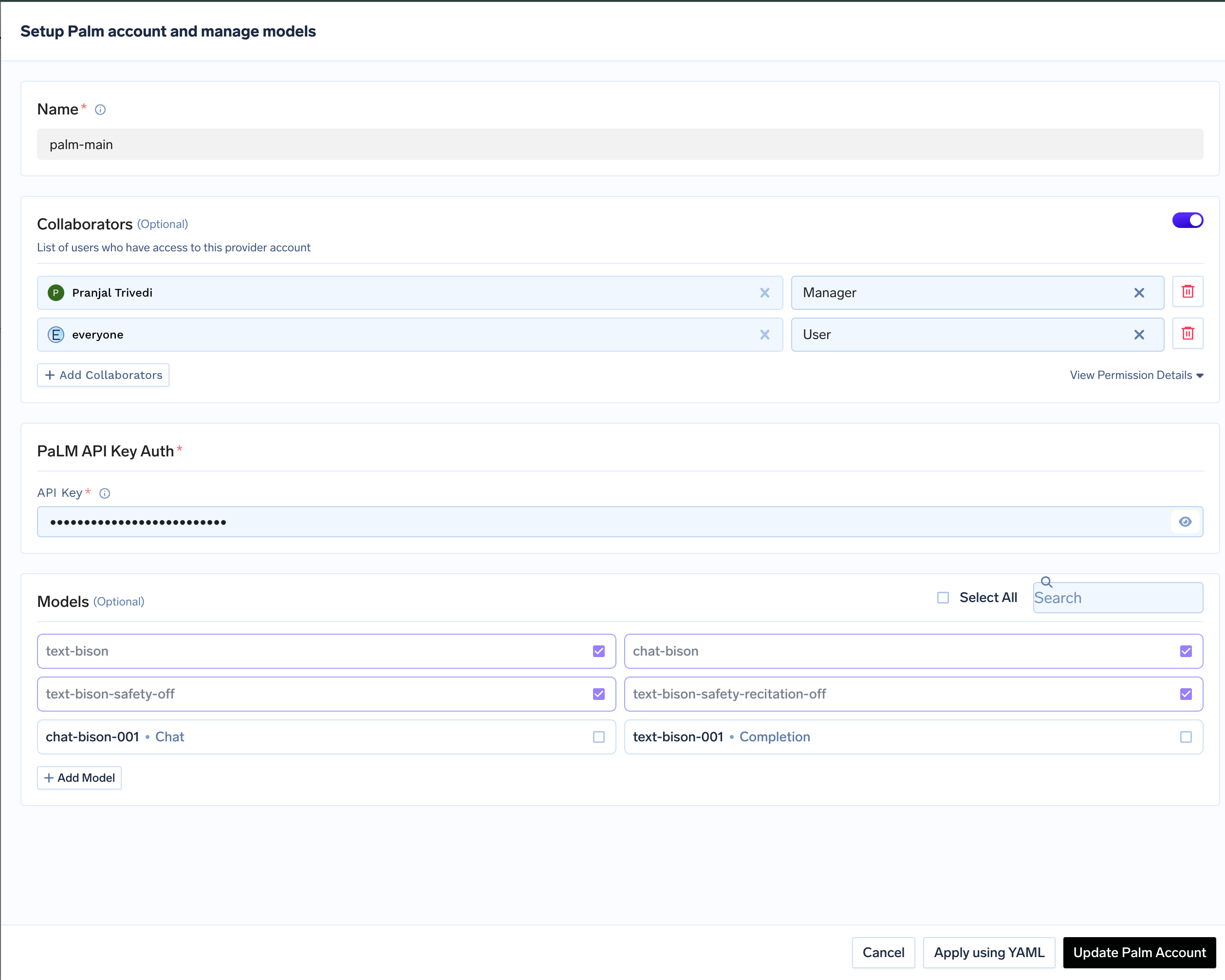 Palm account configuration form with fields for API key and collaborators