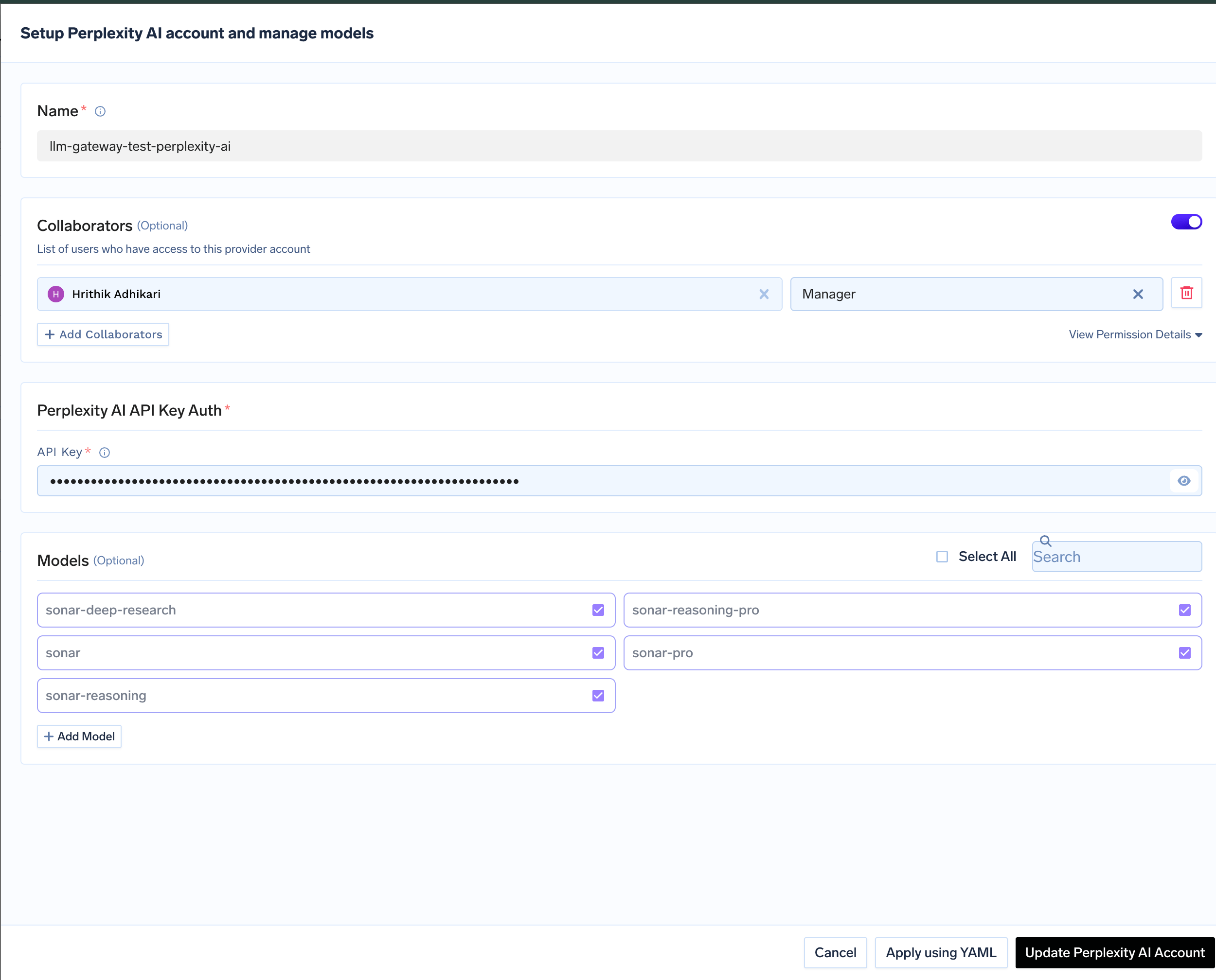 Perplexity account configuration form with fields for API key and collaborators