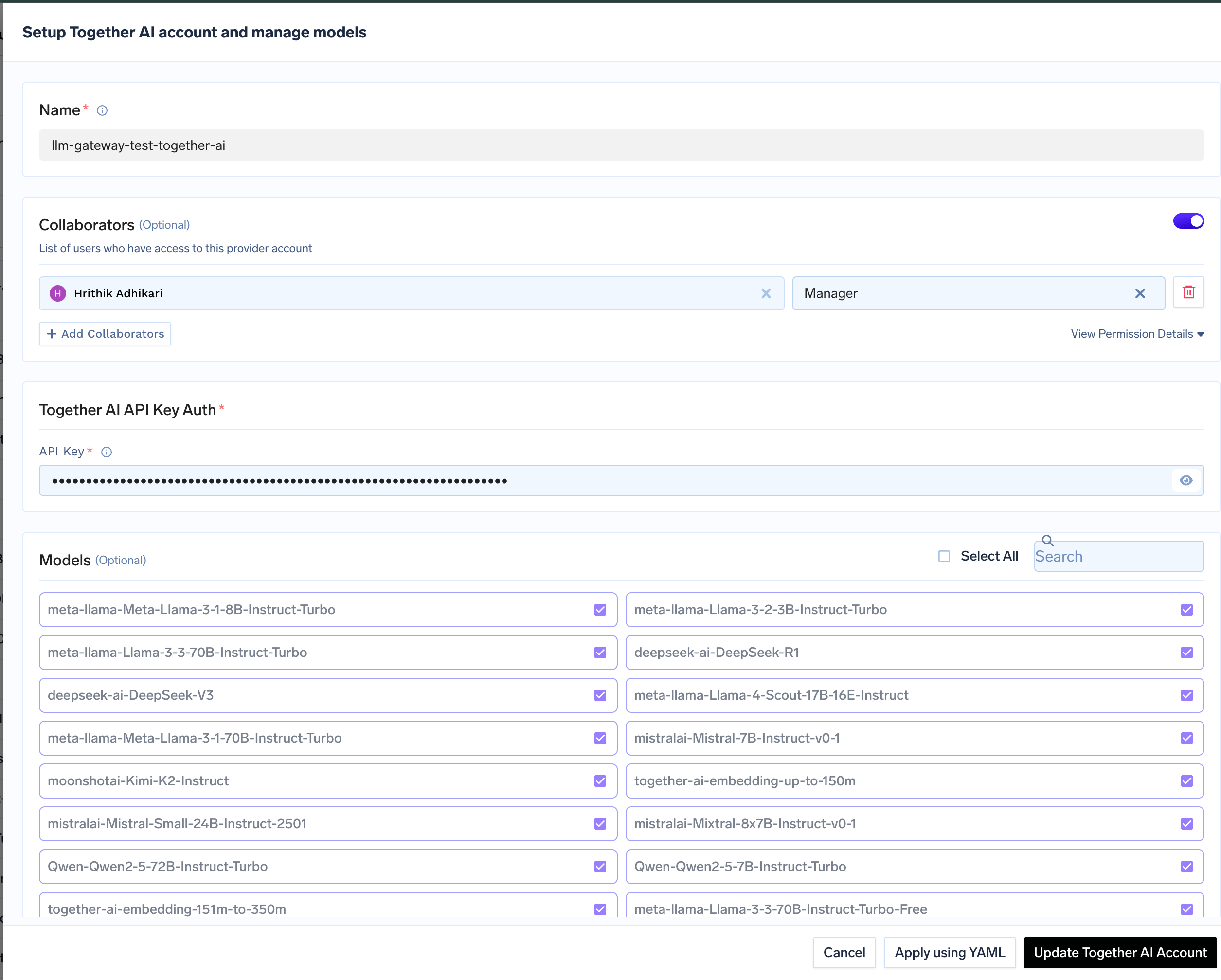 Together AI account configuration form with fields for API key and collaborators