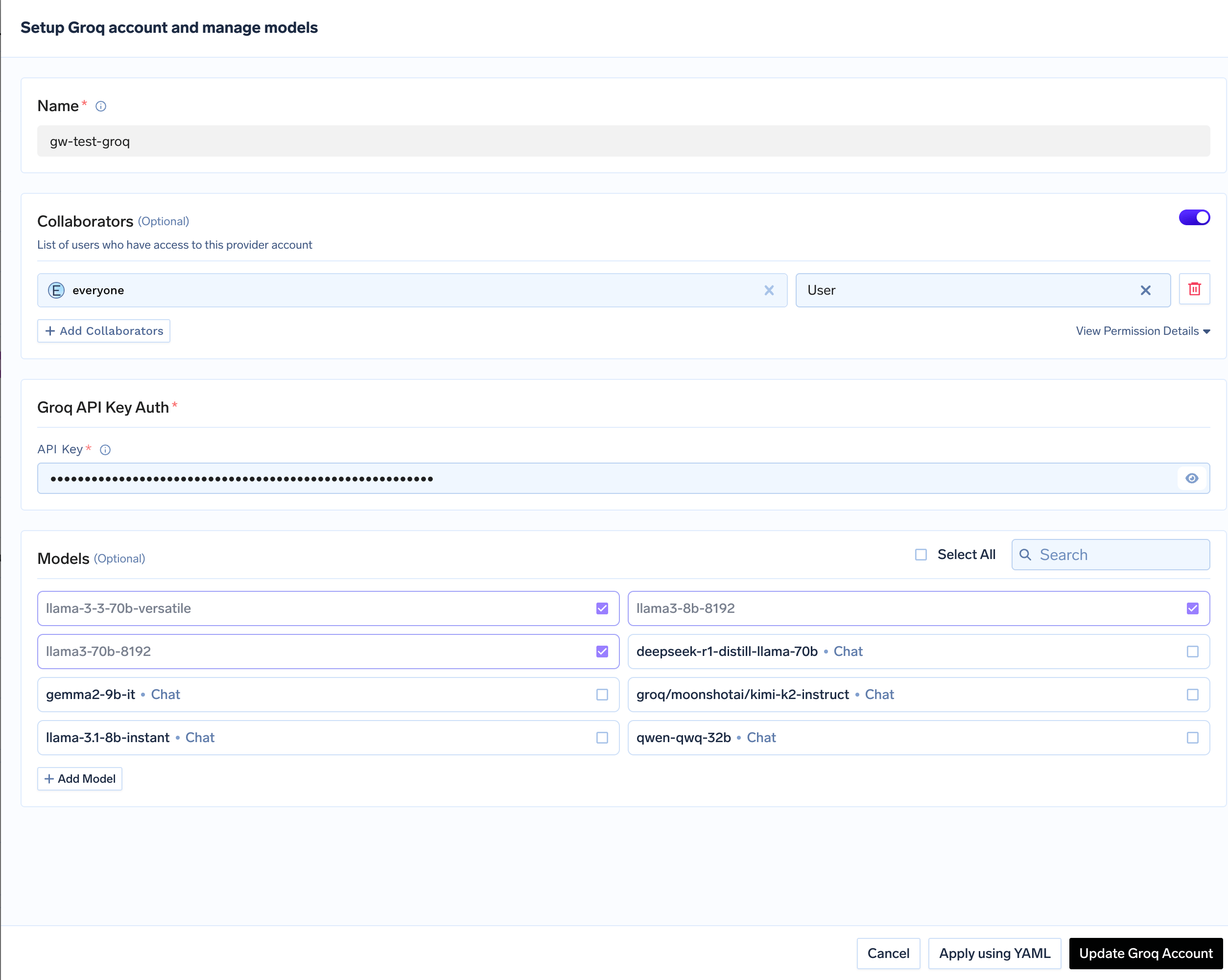 Groq account configuration form with fields for API key and collaborators