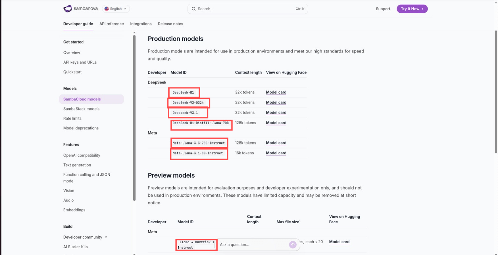 SambaNova Docs showing available models with ids