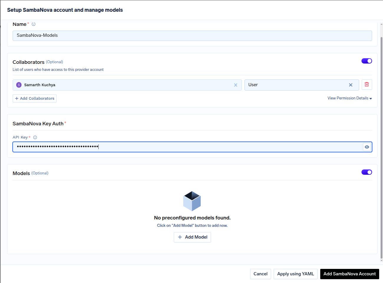SambaNova account configuration form with fields for API key and collaborators