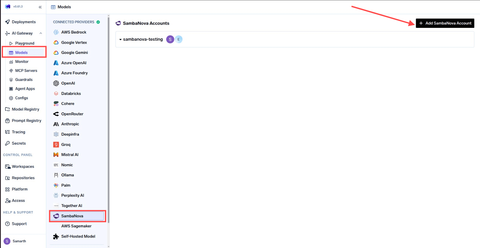 Navigating to SambaNova Provider Account in AI Gateway