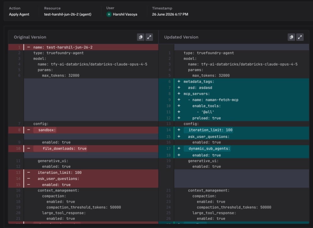 TrueFoundry Audit Logs details interface