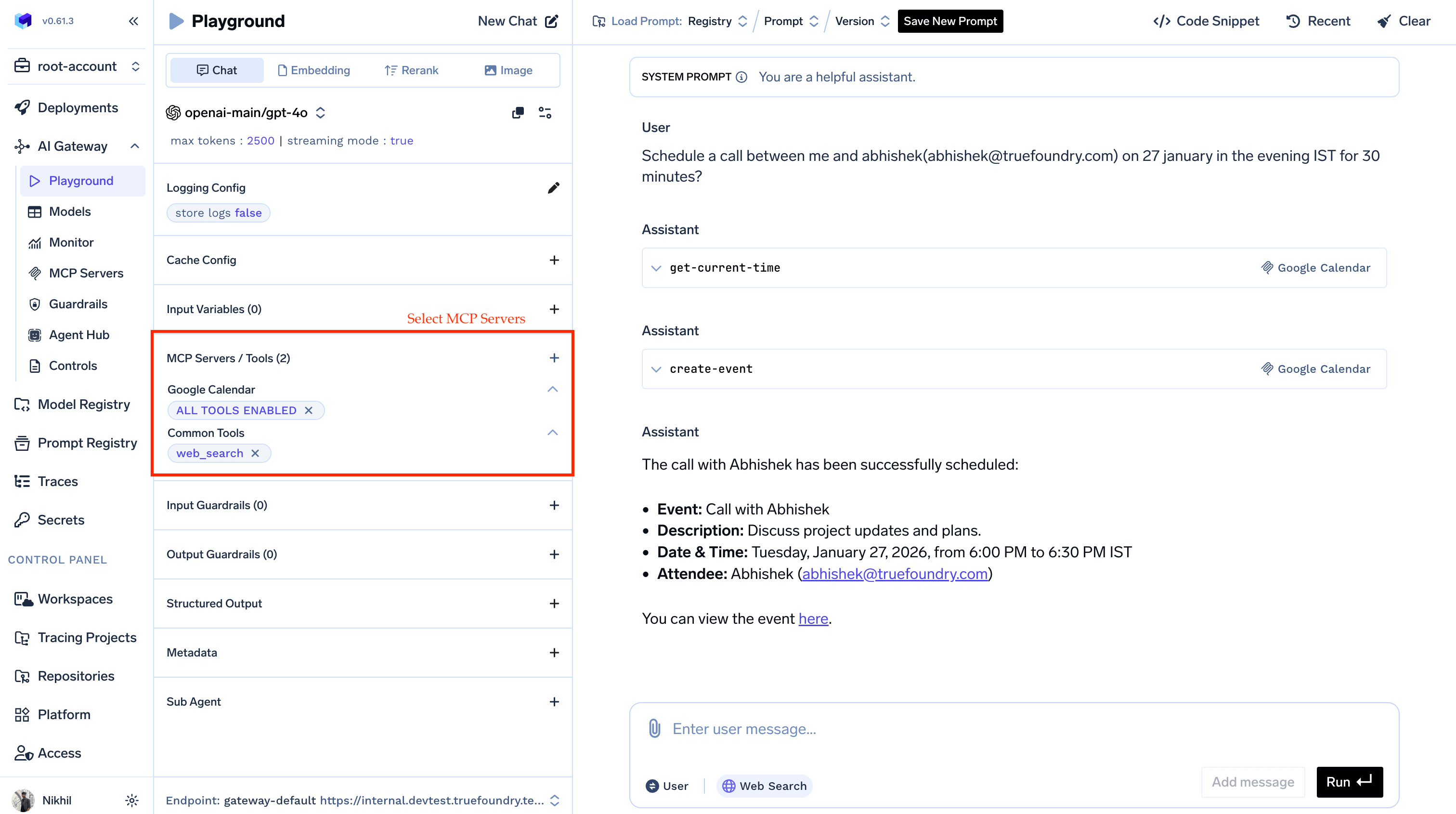 TrueFoundry Playground full view
