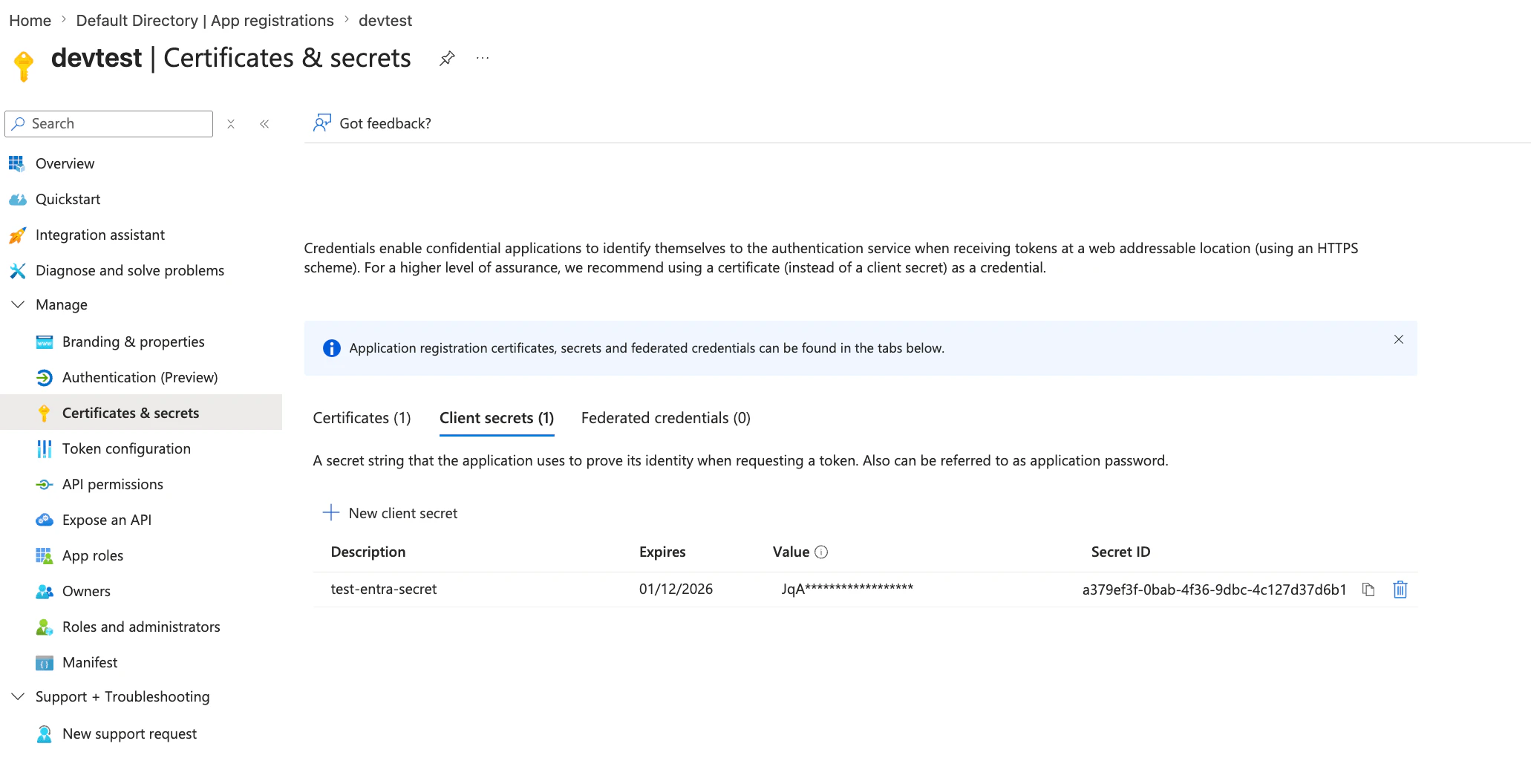Azure app registration Certificates and secrets page with a client secret created under the Client secrets tab