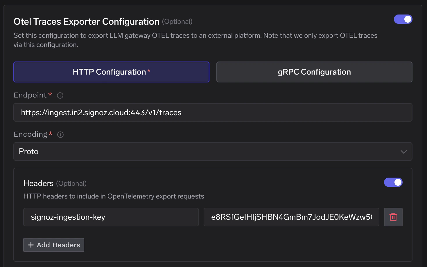 TrueFoundry OTEL Traces Exporter Configuration showing HTTP endpoint pointing to SigNoz Cloud with signoz-ingestion-key header